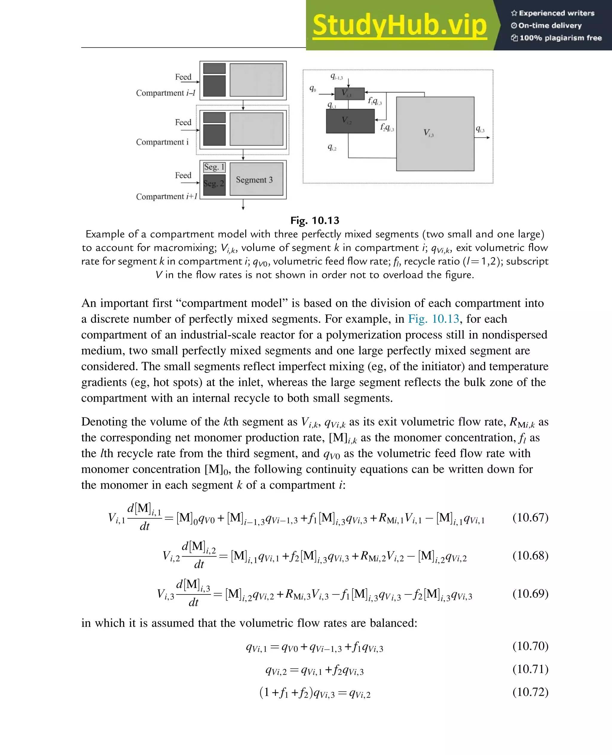 An important first “compartment model” is based on the division of each compartment into
a discrete number of perfectly mixed segments. For example, in Fig. 10.13, for each
compartment of an industrial-scale reactor for a polymerization process still in nondispersed
medium, two small perfectly mixed segments and one large perfectly mixed segment are
considered. The small segments reflect imperfect mixing (eg, of the initiator) and temperature
gradients (eg, hot spots) at the inlet, whereas the large segment reflects the bulk zone of the
compartment with an internal recycle to both small segments.
Denoting the volume of the kth segment as Vi,k, qVi,k as its exit volumetric flow rate, RMi,k as
the corresponding net monomer production rate, [M]i,k as the monomer concentration, fl as
the lth recycle rate from the third segment, and qV0 as the volumetric feed flow rate with
monomer concentration [M]0, the following continuity equations can be written down for
the monomer in each segment k of a compartment i:
Vi,1
d M
½ Ši,1
dt
¼ M
½ Š0qV0 + M
½ Ši 1,3qVi 1,3 + f1 M
½ Ši,3qVi,3 + RMi,1Vi,1 M
½ Ši,1qVi,1 (10.67)
Vi,2
d M
½ Ši,2
dt
¼ M
½ Ši,1qVi,1 + f2 M
½ Ši,3qVi,3 + RMi,2Vi,2 M
½ Ši,2qVi,2 (10.68)
Vi,3
d M
½ Ši,3
dt
¼ M
½ Ši,2qVi,2 + RMi,3Vi,3 f1 M
½ Ši,3qVi,3 f2 M
½ Ši,3qVi,3 (10.69)
in which it is assumed that the volumetric flow rates are balanced:
qVi,1 ¼ qV0 + qVi 1,3 + f1qVi,3 (10.70)
qVi,2 ¼ qVi,1 + f2qVi,3 (10.71)
1 + f1 + f2
ð ÞqVi,3 ¼ qVi,2 (10.72)
Fig. 10.13
Example of a compartment model with three perfectly mixed segments (two small and one large)
to account for macromixing; Vi,k, volume of segment k in compartment i; qVi,k, exit volumetric flow
rate for segment k in compartment i; qV0, volumetric feed flow rate; fl, recycle ratio (l¼1,2); subscript
V in the flow rates is not shown in order not to overload the figure.
Polymers: Design and Production 329
 