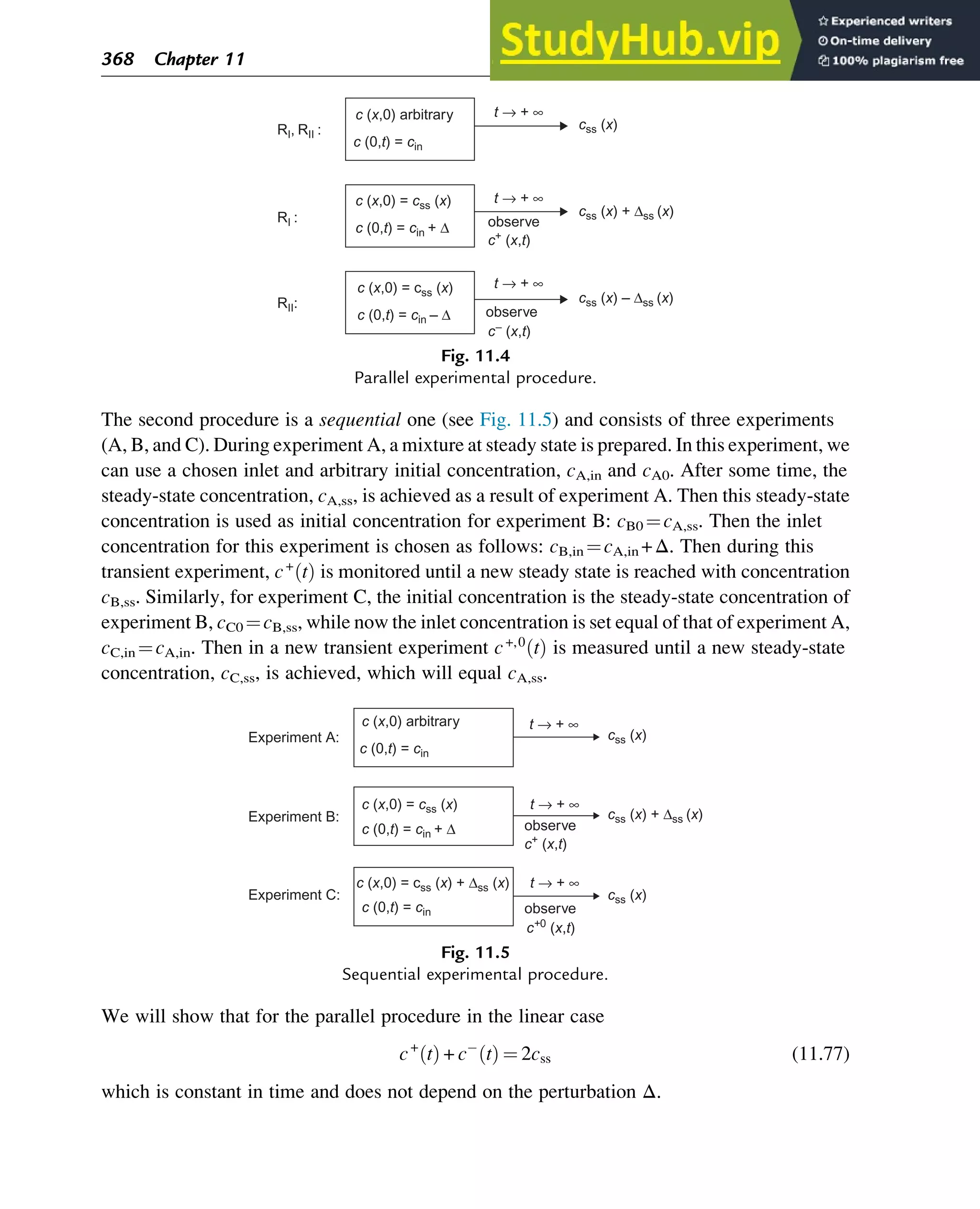 The second procedure is a sequential one (see Fig. 11.5) and consists of three experiments
(A, B, and C). During experiment A, a mixture at steady state is prepared. In this experiment, we
can use a chosen inlet and arbitrary initial concentration, cA,in and cA0. After some time, the
steady-state concentration, cA,ss, is achieved as a result of experiment A. Then this steady-state
concentration is used as initial concentration for experiment B: cB0 ¼cA,ss. Then the inlet
concentration for this experiment is chosen as follows: cB,in ¼cA,in +Δ. Then during this
transient experiment, c+
t
ð Þ is monitored until a new steady state is reached with concentration
cB,ss. Similarly, for experiment C, the initial concentration is the steady-state concentration of
experiment B, cC0 ¼cB,ss, while now the inlet concentration is set equal of that of experiment A,
cC,in ¼cA,in. Then in a new transient experiment c+,0
t
ð Þ is measured until a new steady-state
concentration, cC,ss, is achieved, which will equal cA,ss.
We will show that for the parallel procedure in the linear case
c+
t
ð Þ + c t
ð Þ ¼ 2css (11.77)
which is constant in time and does not depend on the perturbation Δ.
c (x,0) arbitrary
c (0,t) = cin
t → + ∞
t → + ∞
t → + ∞
c (x,0) = css (x)
c (0,t) = cin + ∆
c (x,0) = css (x)
c (0,t) = cin – ∆
css (x)
css (x) + ∆ss (x)
css (x) – ∆ss (x)
observe
c+
(x,t)
c–
(x,t)
observe
RII:
RI :
RI, RII :
Fig. 11.4
Parallel experimental procedure.
t → + ∞
t → + ∞
t → + ∞
observe
Experiment A:
Experiment B:
Experiment C:
c+
(x,t)
c+0
(x,t)
observe
css (x)
css (x) + ∆ss (x)
css (x)
c (x,0) arbitrary
c (0,t) = cin
c (x,0) = css (x)
c (0,t) = cin + ∆
c (x,0) = css (x) + ∆ss (x)
c (0,t) = cin
Fig. 11.5
Sequential experimental procedure.
368 Chapter 11
 