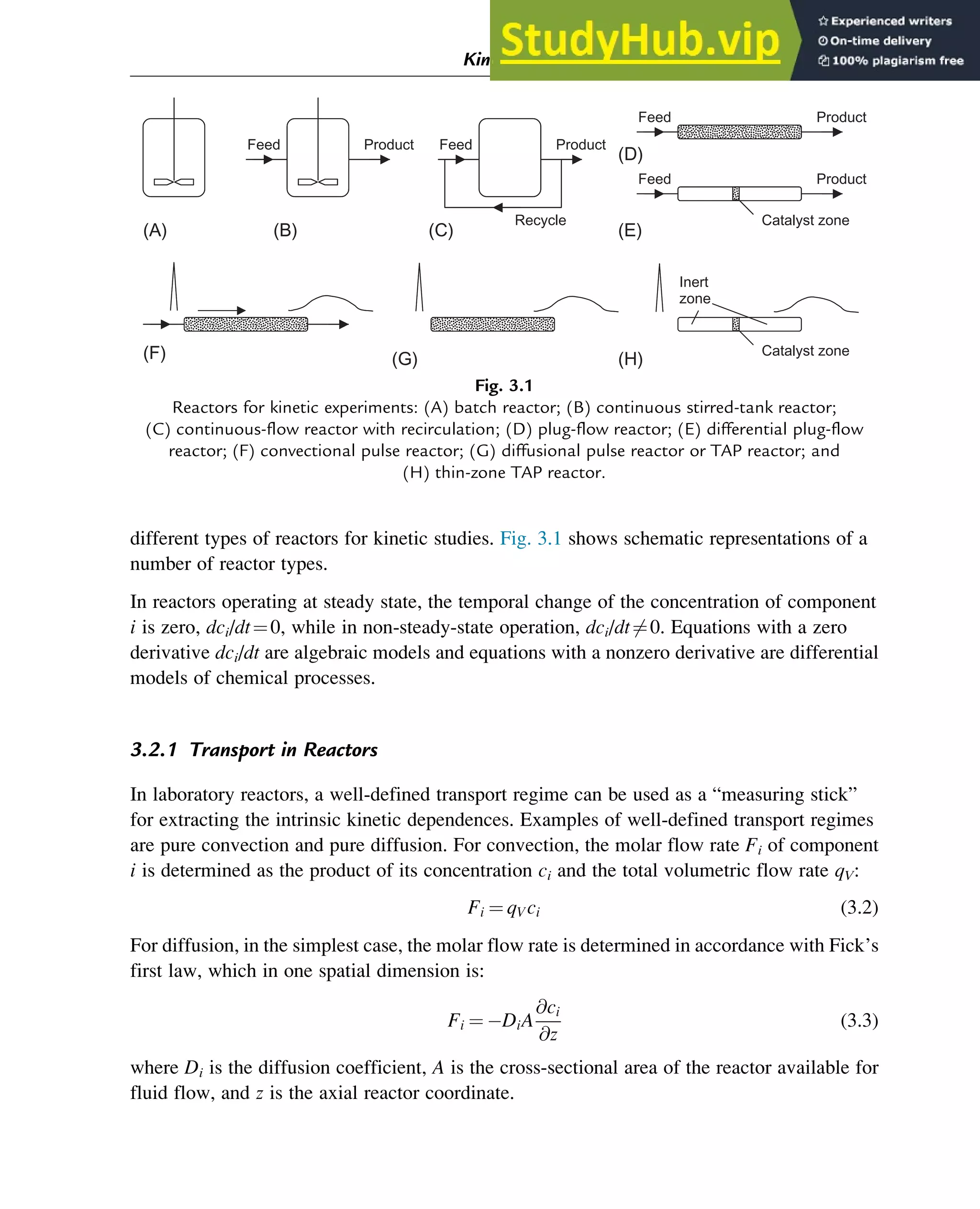 different types of reactors for kinetic studies. Fig. 3.1 shows schematic representations of a
number of reactor types.
In reactors operating at steady state, the temporal change of the concentration of component
i is zero, dci/dt¼0, while in non-steady-state operation, dci/dt6¼0. Equations with a zero
derivative dci/dt are algebraic models and equations with a nonzero derivative are differential
models of chemical processes.
3.2.1 Transport in Reactors
In laboratory reactors, a well-defined transport regime can be used as a “measuring stick”
for extracting the intrinsic kinetic dependences. Examples of well-defined transport regimes
are pure convection and pure diffusion. For convection, the molar flow rate Fi of component
i is determined as the product of its concentration ci and the total volumetric flow rate qV:
Fi ¼ qVci (3.2)
For diffusion, in the simplest case, the molar flow rate is determined in accordance with Fick’s
first law, which in one spatial dimension is:
Fi ¼ DiA
@ci
@z
(3.3)
where Di is the diffusion coefficient, A is the cross-sectional area of the reactor available for
fluid flow, and z is the axial reactor coordinate.
(A) (B) (C)
(D)
(E)
(F) (G) (H)
Feed Product Feed Product
Recycle
Feed Product
Feed Product
Catalyst zone
Catalyst zone
Inert
zone
Fig. 3.1
Reactors for kinetic experiments: (A) batch reactor; (B) continuous stirred-tank reactor;
(C) continuous-flow reactor with recirculation; (D) plug-flow reactor; (E) differential plug-flow
reactor; (F) convectional pulse reactor; (G) diffusional pulse reactor or TAP reactor; and
(H) thin-zone TAP reactor.
Kinetics and Mechanisms of Complex Reactions 37
 