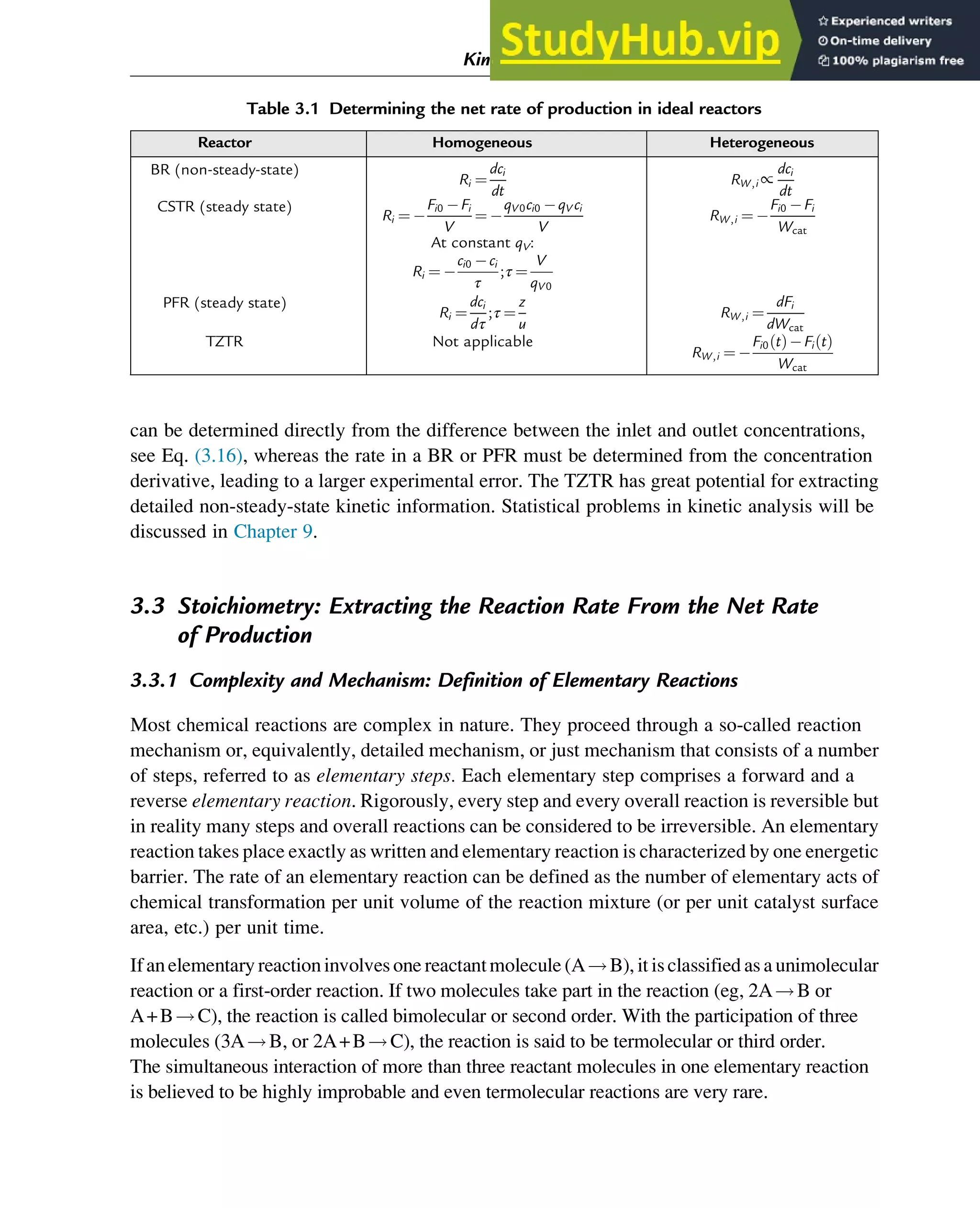 can be determined directly from the difference between the inlet and outlet concentrations,
see Eq. (3.16), whereas the rate in a BR or PFR must be determined from the concentration
derivative, leading to a larger experimental error. The TZTR has great potential for extracting
detailed non-steady-state kinetic information. Statistical problems in kinetic analysis will be
discussed in Chapter 9.
3.3 Stoichiometry: Extracting the Reaction Rate From the Net Rate
of Production
3.3.1 Complexity and Mechanism: Definition of Elementary Reactions
Most chemical reactions are complex in nature. They proceed through a so-called reaction
mechanism or, equivalently, detailed mechanism, or just mechanism that consists of a number
of steps, referred to as elementary steps. Each elementary step comprises a forward and a
reverse elementary reaction. Rigorously, every step and every overall reaction is reversible but
in reality many steps and overall reactions can be considered to be irreversible. An elementary
reaction takes place exactly as written and elementary reaction is characterized by one energetic
barrier. The rate of an elementary reaction can be defined as the number of elementary acts of
chemical transformation per unit volume of the reaction mixture (or per unit catalyst surface
area, etc.) per unit time.
Ifanelementary reactioninvolves one reactantmolecule (A!B), it isclassified as a unimolecular
reaction or a first-order reaction. If two molecules take part in the reaction (eg, 2A!B or
A+B!C), the reaction is called bimolecular or second order. With the participation of three
molecules (3A!B, or 2A+B!C), the reaction is said to be termolecular or third order.
The simultaneous interaction of more than three reactant molecules in one elementary reaction
is believed to be highly improbable and even termolecular reactions are very rare.
Table 3.1 Determining the net rate of production in ideal reactors
Reactor Homogeneous Heterogeneous
BR (non-steady-state)
Ri ¼
dci
dt
RW,i∝
dci
dt
CSTR (steady state)
Ri ¼
Fi0 Fi
V
¼
qV0ci0 qV ci
V
At constant qV:
Ri ¼
ci0 ci
τ
;τ ¼
V
qV0
RW,i ¼
Fi0 Fi
Wcat
PFR (steady state)
Ri ¼
dci
dτ
;τ ¼
z
u
RW,i ¼
dFi
dWcat
TZTR Not applicable
RW,i ¼
Fi0 t
ð Þ Fi t
ð Þ
Wcat
Kinetics and Mechanisms of Complex Reactions 45
 