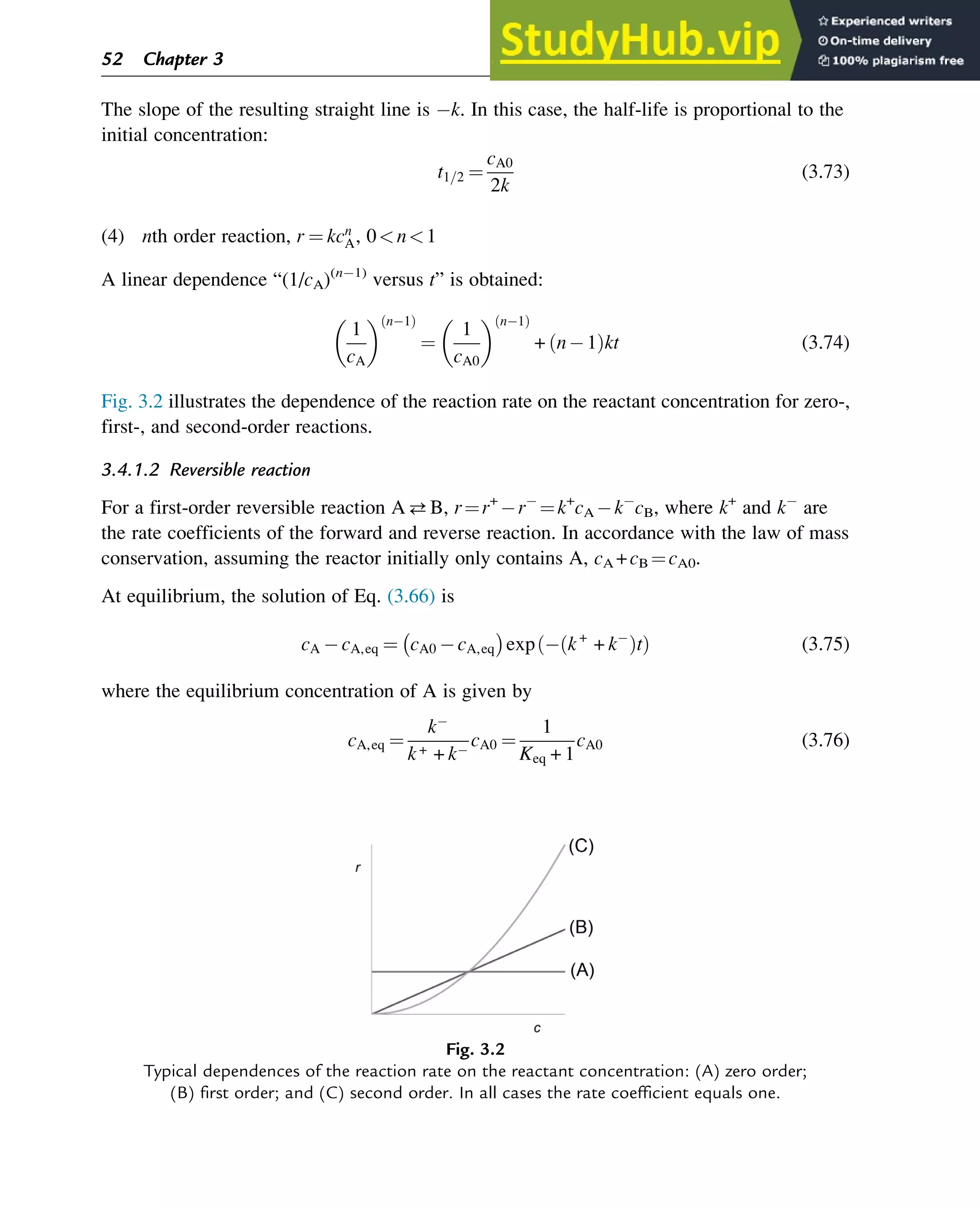 The slope of the resulting straight line is k. In this case, the half-life is proportional to the
initial concentration:
t1=2 ¼
cA0
2k
(3.73)
(4) nth order reaction, r ¼ kcn
A, 0n1
A linear dependence “(1/cA)(n 1)
versus t” is obtained:
1
cA
  n 1
ð Þ
¼
1
cA0
  n 1
ð Þ
+ n 1
ð Þkt (3.74)
Fig. 3.2 illustrates the dependence of the reaction rate on the reactant concentration for zero-,
first-, and second-order reactions.
3.4.1.2 Reversible reaction
For a first-order reversible reaction AB, r¼r+
r ¼k+
cA k cB, where k+
and k are
the rate coefficients of the forward and reverse reaction. In accordance with the law of mass
conservation, assuming the reactor initially only contains A, cA +cB ¼cA0.
At equilibrium, the solution of Eq. (3.66) is
cA cA,eq ¼ cA0 cA,eq

exp k+
+ k
ð Þt
ð Þ (3.75)
where the equilibrium concentration of A is given by
cA,eq ¼
k
k+ + k
cA0 ¼
1
Keq + 1
cA0 (3.76)
Fig. 3.2
Typical dependences of the reaction rate on the reactant concentration: (A) zero order;
(B) first order; and (C) second order. In all cases the rate coefficient equals one.
52 Chapter 3
 