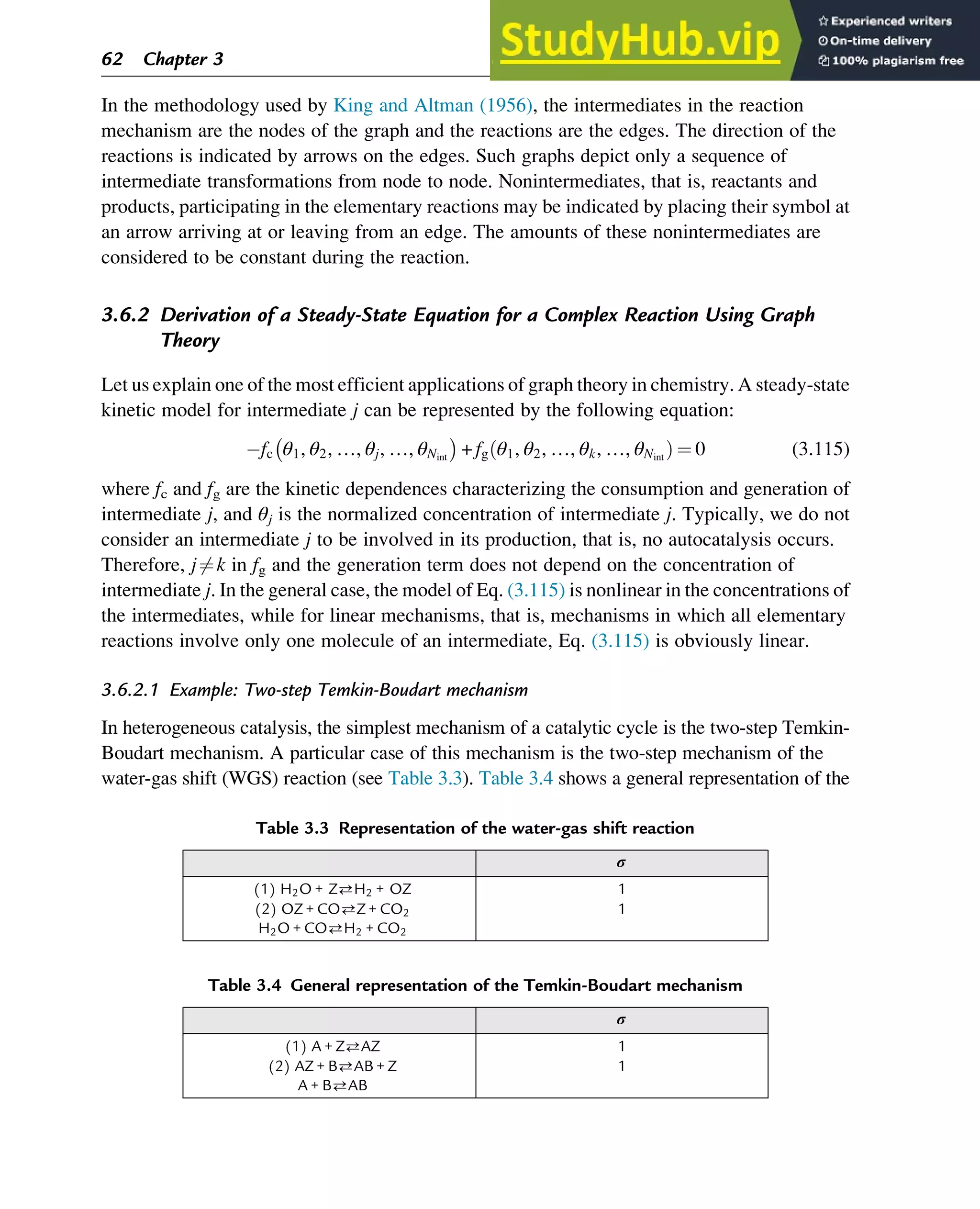 In the methodology used by King and Altman (1956), the intermediates in the reaction
mechanism are the nodes of the graph and the reactions are the edges. The direction of the
reactions is indicated by arrows on the edges. Such graphs depict only a sequence of
intermediate transformations from node to node. Nonintermediates, that is, reactants and
products, participating in the elementary reactions may be indicated by placing their symbol at
an arrow arriving at or leaving from an edge. The amounts of these nonintermediates are
considered to be constant during the reaction.
3.6.2 Derivation of a Steady-State Equation for a Complex Reaction Using Graph
Theory
Let us explain one of the most efficient applications of graph theory in chemistry. A steady-state
kinetic model for intermediate j can be represented by the following equation:
fc θ1, θ2, …, θj, …, θNint

+ fg θ1, θ2, …, θk, …, θNint
ð Þ ¼ 0 (3.115)
where fc and fg are the kinetic dependences characterizing the consumption and generation of
intermediate j, and θj is the normalized concentration of intermediate j. Typically, we do not
consider an intermediate j to be involved in its production, that is, no autocatalysis occurs.
Therefore, j6¼k in fg and the generation term does not depend on the concentration of
intermediate j. In the general case, the model of Eq. (3.115) is nonlinear in the concentrations of
the intermediates, while for linear mechanisms, that is, mechanisms in which all elementary
reactions involve only one molecule of an intermediate, Eq. (3.115) is obviously linear.
3.6.2.1 Example: Two-step Temkin-Boudart mechanism
In heterogeneous catalysis, the simplest mechanism of a catalytic cycle is the two-step Temkin-
Boudart mechanism. A particular case of this mechanism is the two-step mechanism of the
water-gas shift (WGS) reaction (see Table 3.3). Table 3.4 shows a general representation of the
Table 3.4 General representation of the Temkin-Boudart mechanism
σ
(1) A + ZAZ 1
(2) AZ + BAB + Z 1
A + BAB
Table 3.3 Representation of the water-gas shift reaction
σ
(1) H2O + ZH2 + OZ 1
(2) OZ + COZ + CO2 1
H2O + COH2 + CO2
62 Chapter 3
 