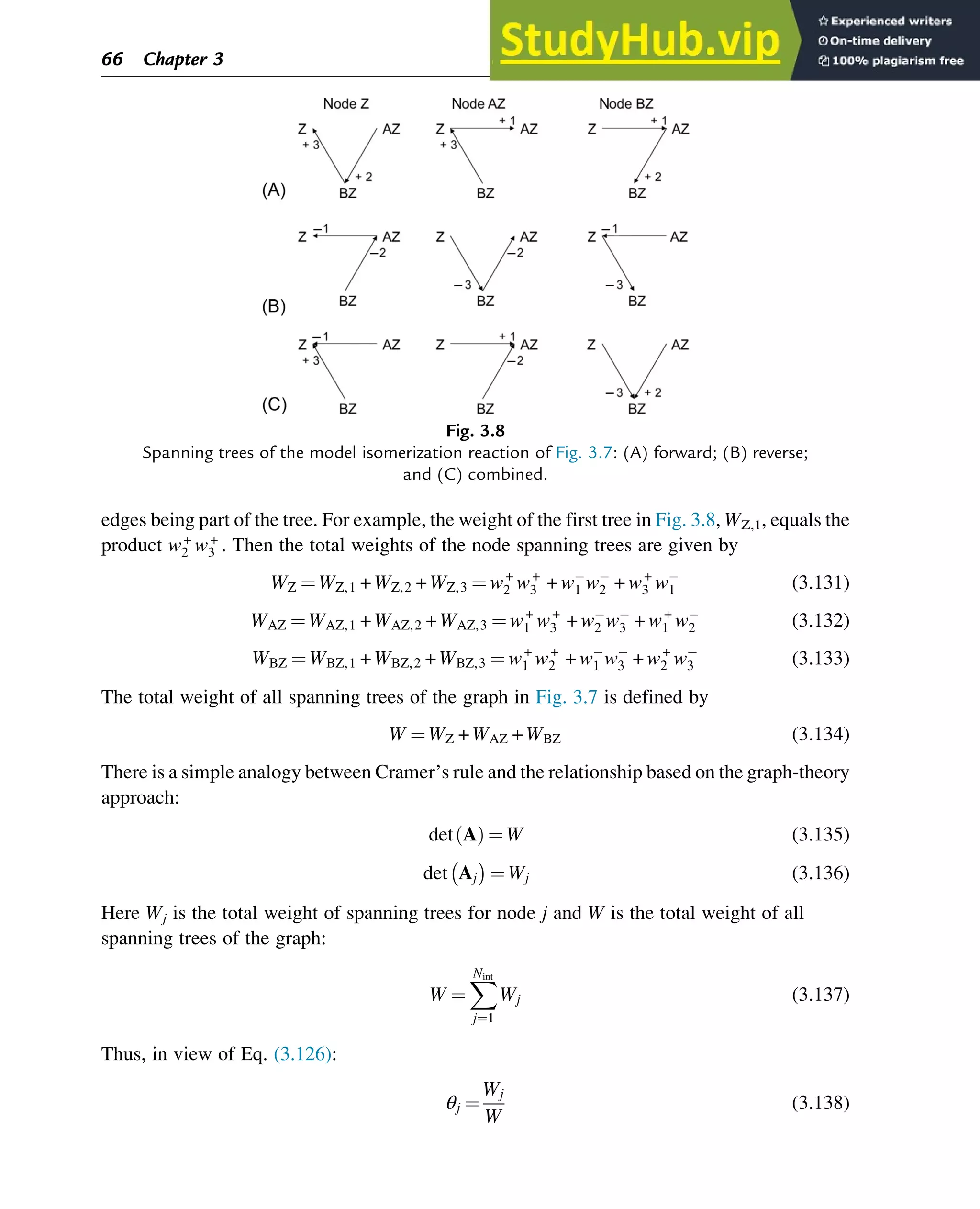 edges being part of the tree. For example, the weight of the first tree in Fig. 3.8, WZ,1, equals the
product w+
2 w+
3 . Then the total weights of the node spanning trees are given by
WZ ¼ WZ,1 + WZ,2 + WZ,3 ¼ w+
2 w+
3 + w1 w2 + w+
3 w1 (3.131)
WAZ ¼ WAZ,1 + WAZ,2 + WAZ,3 ¼ w+
1 w+
3 + w2 w3 + w+
1 w2 (3.132)
WBZ ¼ WBZ,1 + WBZ,2 + WBZ,3 ¼ w+
1 w+
2 + w1 w3 + w+
2 w3 (3.133)
The total weight of all spanning trees of the graph in Fig. 3.7 is defined by
W ¼ WZ + WAZ + WBZ (3.134)
There is a simple analogy between Cramer’s rule and the relationship based on the graph-theory
approach:
det A
ð Þ ¼ W (3.135)
det Aj

¼ Wj (3.136)
Here Wj is the total weight of spanning trees for node j and W is the total weight of all
spanning trees of the graph:
W ¼
X
Nint
j¼1
Wj (3.137)
Thus, in view of Eq. (3.126):
θj ¼
Wj
W
(3.138)
Fig. 3.8
Spanning trees of the model isomerization reaction of Fig. 3.7: (A) forward; (B) reverse;
and (C) combined.
66 Chapter 3
 
