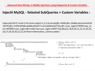 Advanced Data Mining  in MySQL Injections using Subqueries & Custom Variables<br />_______________________________________...