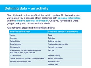 Defining data – an activity
Now, it’s time to put some of that theory into practice. On the next screen
we’ve given you a passage of text containing both personal information
and the sensitive personal information. Once you have read it, we’re
going to ask you to pick out which is which.
As a refresher please find the definitions below:
Personal information Sensitive personal information
Name Race
Address Religion
Date of birth Political opinion
Email address Trade union membership
Photographs Sexual orientation
IP Address – the unique digital address
attributed to your digital devices
Sex life
Location data Gender identity
Online behaviours – traced through 'cookies' Health information
Profiling and analytics data Biometric data
Genetic data
 
