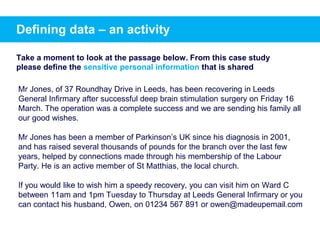 Mr Jones, of 37 Roundhay Drive in Leeds, has been recovering in Leeds
General Infirmary after successful deep brain stimulation surgery on Friday 16
March. The operation was a complete success and we are sending his family all
our good wishes.
Mr Jones has been a member of Parkinson’s UK since his diagnosis in 2001,
and has raised several thousands of pounds for the branch over the last few
years, helped by connections made through his membership of the Labour
Party. He is an active member of St Matthias, the local church.
If you would like to wish him a speedy recovery, you can visit him on Ward C
between 11am and 1pm Tuesday to Thursday at Leeds General Infirmary or you
can contact his husband, Owen, on 01234 567 891 or owen@madeupemail.com
Take a moment to look at the passage below. From this case study
please define the sensitive personal information that is shared
Defining data – an activity
 