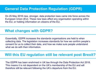 General Data Protection Regulation (GDPR)
What changes with GDPR?
Essentially, GDPR increases the standards organisations are held to when
collecting data. The legislation increases standards for how we confirm people’s
consent for us to collect their data, and how we make sure people understand
what we do with their information.
Will this EU regulation still be relevant post Brexit?
The GDPR has been enshrined in UK law through the Data Protection Act 2018.
This means it is not dependent on the UK’s membership of the EU and will
therefore still be relevant following the UK’s departure from the EU.
On 25 May 2018 new, stronger, data protection laws came into force across the
European Union (EU). These new laws affect any organisation operating within
the EU, or holding information on citizens of the EU.
 