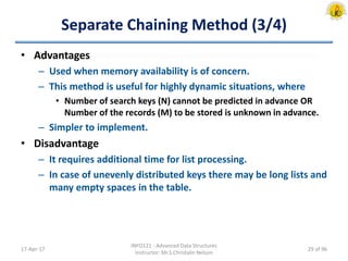 Separate Chaining Method (3/4)
• Advantages
– Used when memory availability is of concern.
– This method is useful for highly dynamic situations, where
• Number of search keys (N) cannot be predicted in advance OR
Number of the records (M) to be stored is unknown in advance.
– Simpler to implement.
• Disadvantage
– It requires additional time for list processing.
– In case of unevenly distributed keys there may be long lists and
many empty spaces in the table.
17-Apr-17
INFO121 - Advanced Data Structures
Instructor: Mr.S.Christalin Nelson
29 of 96
 