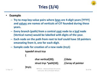 Tries (3/4)
• Example
– Try to map key-value pairs where keys are 4-digit years [YYYY]
and values are names of verticals of CIT founded during these
years.
– Every branch (path) from a central root node to a leaf node
(Vertical name) would be labelled with digits of the year.
– Each node on the path from root to leaf could have 10 pointers
emanating from it, one for each digit.
– Sample code for creation of a new node (try1)
typedef struct trys
{
char vertical[20]; //data
struct trys *path[10]; //array of pointer
}try1;
17-Apr-17
INFO121 - Advanced Data Structures
Instructor: Mr.S.Christalin Nelson
36 of 96
 