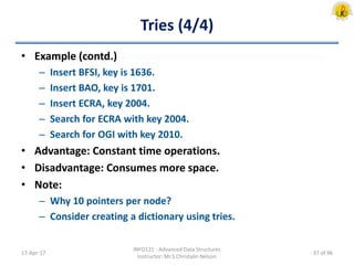 Tries (4/4)
• Example (contd.)
– Insert BFSI, key is 1636.
– Insert BAO, key is 1701.
– Insert ECRA, key 2004.
– Search for ECRA with key 2004.
– Search for OGI with key 2010.
• Advantage: Constant time operations.
• Disadvantage: Consumes more space.
• Note:
– Why 10 pointers per node?
– Consider creating a dictionary using tries.
17-Apr-17
INFO121 - Advanced Data Structures
Instructor: Mr.S.Christalin Nelson
37 of 96
 