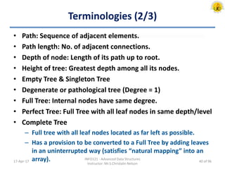 Terminologies (2/3)
• Path: Sequence of adjacent elements.
• Path length: No. of adjacent connections.
• Depth of node: Length of its path up to root.
• Height of tree: Greatest depth among all its nodes.
• Empty Tree & Singleton Tree
• Degenerate or pathological tree (Degree = 1)
• Full Tree: Internal nodes have same degree.
• Perfect Tree: Full Tree with all leaf nodes in same depth/level
• Complete Tree
– Full tree with all leaf nodes located as far left as possible.
– Has a provision to be converted to a Full Tree by adding leaves
in an uninterrupted way (satisfies “natural mapping” into an
array).17-Apr-17
INFO121 - Advanced Data Structures
Instructor: Mr.S.Christalin Nelson
40 of 96
 