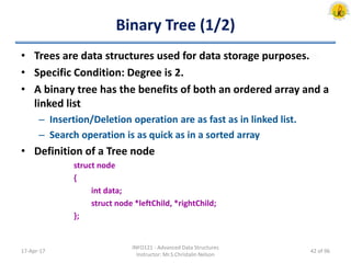 Binary Tree (1/2)
• Trees are data structures used for data storage purposes.
• Specific Condition: Degree is 2.
• A binary tree has the benefits of both an ordered array and a
linked list
– Insertion/Deletion operation are as fast as in linked list.
– Search operation is as quick as in a sorted array
• Definition of a Tree node
struct node
{
int data;
struct node *leftChild, *rightChild;
};
17-Apr-17
INFO121 - Advanced Data Structures
Instructor: Mr.S.Christalin Nelson
42 of 96
 