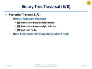 Binary Tree Traversal (6/8)
• Postorder Traversal (1/2)
– Until all nodes are traversed
• (1) Recursively traverse left subtree.
• (2) Recursively traverse right subtree.
• (3) Visit root node.
– Note: Every node may represent a subtree itself.
17-Apr-17
INFO121 - Advanced Data Structures
Instructor: Mr.S.Christalin Nelson
51 of 96
 