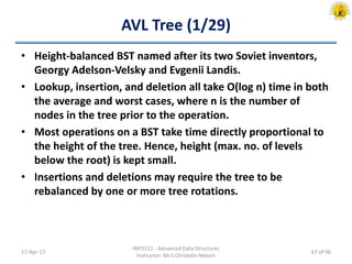 AVL Tree (1/29)
• Height-balanced BST named after its two Soviet inventors,
Georgy Adelson-Velsky and Evgenii Landis.
• Lookup, insertion, and deletion all take O(log n) time in both
the average and worst cases, where n is the number of
nodes in the tree prior to the operation.
• Most operations on a BST take time directly proportional to
the height of the tree. Hence, height (max. no. of levels
below the root) is kept small.
• Insertions and deletions may require the tree to be
rebalanced by one or more tree rotations.
17-Apr-17
INFO121 - Advanced Data Structures
Instructor: Mr.S.Christalin Nelson
67 of 96
 