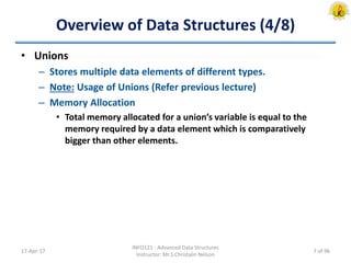 Overview of Data Structures (4/8)
• Unions
– Stores multiple data elements of different types.
– Note: Usage of Unions (Refer previous lecture)
– Memory Allocation
• Total memory allocated for a union’s variable is equal to the
memory required by a data element which is comparatively
bigger than other elements.
17-Apr-17
INFO121 - Advanced Data Structures
Instructor: Mr.S.Christalin Nelson
7 of 96
 