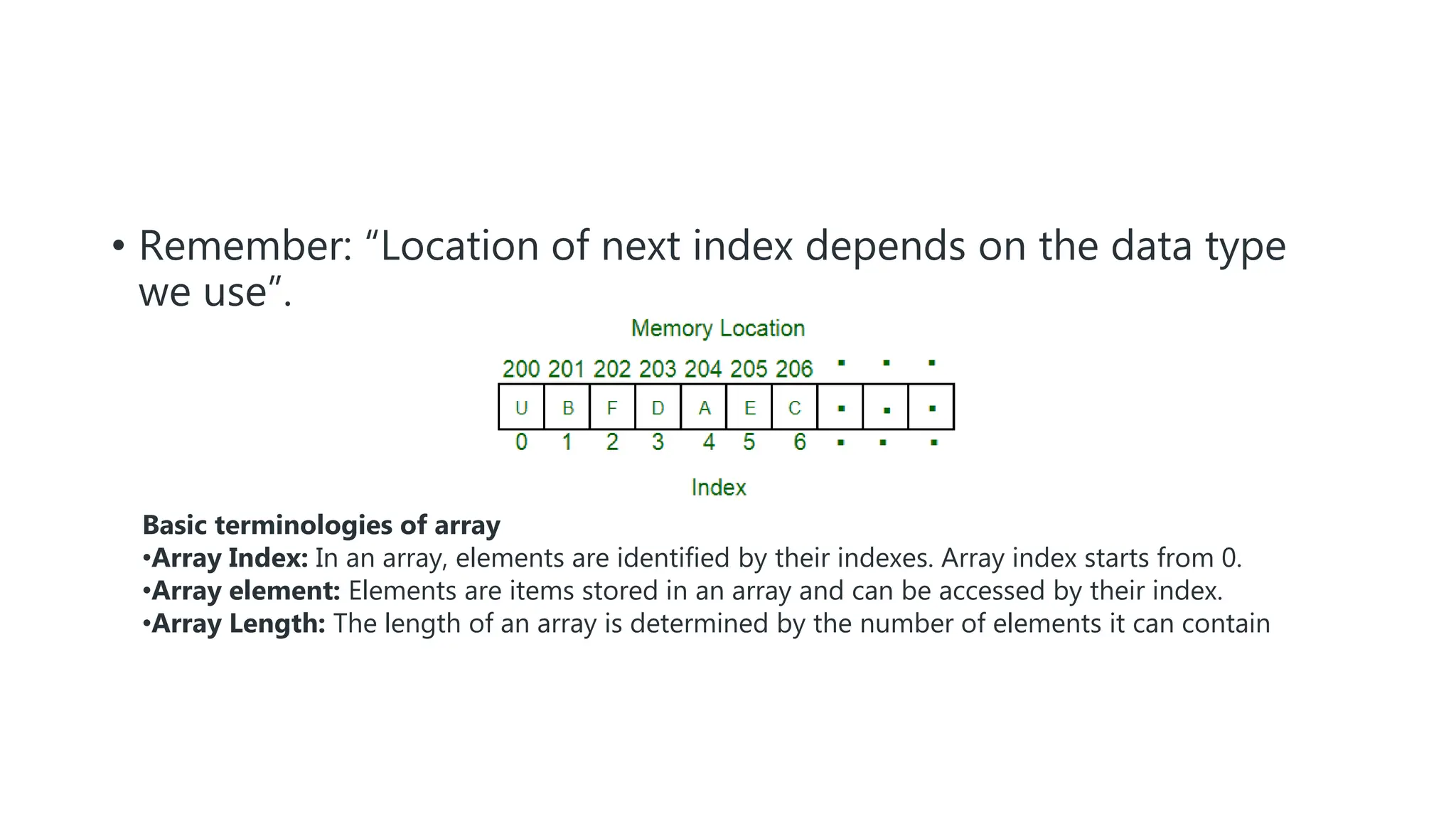 • Remember: “Location of next index depends on the data type
we use”.
Basic terminologies of array
•Array Index: In an array, elements are identified by their indexes. Array index starts from 0.
•Array element: Elements are items stored in an array and can be accessed by their index.
•Array Length: The length of an array is determined by the number of elements it can contain
 