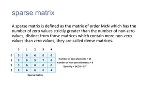 sparse matrix
A sparse matrix is defined as the matrix of order MxN which has the
number of zero values strictly greater than the number of non-zero
values, distinct from those matrices which contain more non-zero
values than zero values, they are called dense matrices.
 