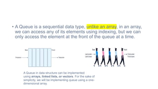 • A Queue is a sequential data type, unlike an array, in an array,
we can access any of its elements using indexing, but we can
only access the element at the front of the queue at a time.
A Queue in data structure can be implemented
using arrays, linked lists, or vectors. For the sake of
simplicity, we will be implementing queue using a one-
dimensional array.
 