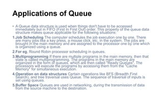 Applications of Queue
• A Queue data structure is used when things don't have to be accessed
immediately but in FIFO (First In First Out) order. This property of the queue data
structure makes queue applicable for the following situations:
1.Job Scheduling The computer schedules the job execution one by one. There
are many jobs like a key press, a mouse click, etc. in the system. The jobs are
brought in the main memory and are assigned to the processor one by one which
is organized using a queue.
2.For eg, Round Robin processor scheduling in queues.
3.Multiprogramming If there are multiple programs in the main memory, then that
state is called multiprogramming. The programs in the main memory are
organized in the form of queues, which are then called "Ready Queues". The
processors will execute the programs by accessing them from the "Cache
Memory" for simultaneous execution.
4.Operation on data structures Certain operations like BFS (Breadth First
Search), and tree traversal uses Queue. The sequence of traversal of inputs is
set using queues.
5.Buffer Space Queues are used in networking, during the transmission of data
from the source machine to the destination.
 