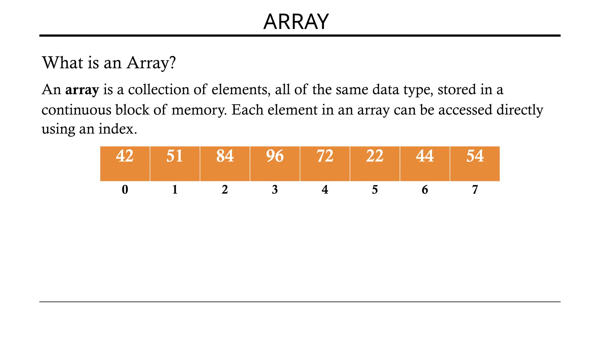 ARRAY
What is an Array?
An array is a collection of elements, all of the same data type, stored in a
continuous block of memory. Each element in an array can be accessed directly
using an index.
42 51 84 96 72 22 44 54
0 1 2 3 4 5 6 7
 