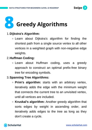 Swipe
Dijkstra's Algorithm:
1.
Learn about Dijkstra's algorithm for finding the
shortest path from a single source vertex to all other
vertices in a weighted graph with non-negative edge
weights.
Huffman Coding:
2.
Learn about Huffman coding, uses a greedy
approach to construct an optimal prefix-free binary
tree for encoding symbols.
Spanning Tree Algorithms:
3.
Prim's algorithm: starts with an arbitrary vertex,
iteratively adds the edge with the minimum weight
that connects the current tree to an unvisited vertex,
until all vertices are included.
Kruskal's algorithm: Another greedy algorithm that
sorts edges by weight in ascending order, and
iteratively adds edges to the tree as long as they
don't create a cycle.
DATA STRUCTURES FOR BEGINNERS (LEVEL-2) ROADMAP
8Greedy Algorithms
www.scholarhat.com
 