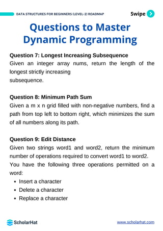 Swipe
DATA STRUCTURES FOR BEGINNERS (LEVEL-2) ROADMAP
Questions to Master
Dynamic Programming
Question 7: Longest Increasing Subsequence
Given an integer array nums, return the length of the
longest strictly increasing
subsequence.
Question 8: Minimum Path Sum
Given a m x n grid filled with non-negative numbers, find a
path from top left to bottom right, which minimizes the sum
of all numbers along its path.
Question 9: Edit Distance
Given two strings word1 and word2, return the minimum
number of operations required to convert word1 to word2.
You have the following three operations permitted on a
word:
Insert a character
Delete a character
Replace a character
www.scholarhat.com
 