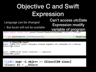 Objective C and Swift
Expression
Can’t access utcDate
Expression modify
variable of program
 
