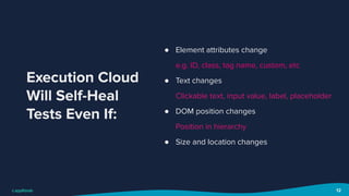 12
Execution
Cloud Will
Self-Heal
Tests Even
If:
Execution Cloud
Will Self-Heal
Tests Even If:
● Element attributes change
e.g. ID, class, tag name, custom, etc
● Text changes
Clickable text, input value, label, placeholder
● DOM position changes
Position in hierarchy
● Size and location changes
12
 