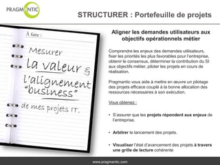 STRUCTURER : Portefeuille de projets

             Aligner les demandes utilisateurs aux
                 objectifs opérationnels métier

            Comprendre les enjeux des demandes utilisateurs,
            fixer les priorités les plus favorables pour l’entreprise,
            obtenir le consensus, déterminer la contribution du SI
            aux objectifs métier, piloter les projets en cours de
            réalisation.

            Pragmantic vous aide à mettre en œuvre un pilotage
            des projets efficace couplé à la bonne allocation des
            ressources nécessaires à son exécution.

            Vous obtenez :

            • S’assurer que les projets répondent aux enjeux de
              l’entreprise.

            • Arbitrer le lancement des projets.

            • Visualiser l’état d’avancement des projets à travers
              une grille de lecture cohérente

    www.pragmantic.com
 