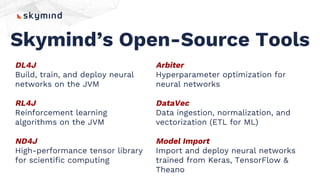 DL4J
Build, train, and deploy neural
networks on the JVM
RL4J
Reinforcement learning
algorithms on the JVM
ND4J
High-performance tensor library
for scientific computing
Skymind’s Open-Source Tools
Arbiter
Hyperparameter optimization for
neural networks
DataVec
Data ingestion, normalization, and
vectorization (ETL for ML)
Model Import
Import and deploy neural networks
trained from Keras, TensorFlow &
Theano
 