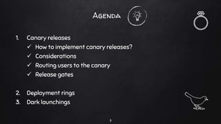 Agenda
1. Canary releases
 How to implement canary releases?
 Considerations
 Routing users to the canary
 Release gates
2. Deployment rings
3. Dark launchings
3
 