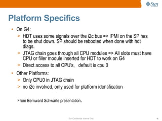 Sun Confidential: Internal Only 15
Platform Specifics
• On G4:
> HDT uses some signals over the i2c bus => IPMI on the SP has
to be shut down. SP should be rebooted when done with hdt
diags.
> JTAG chain goes through all CPU modules => All slots must have
CPU or filler module inserted for HDT to work on G4
> Direct access to all CPU's, default is cpu 0
• Other Platforms:
> Only CPU0 in JTAG chain
> no i2c involved, only used for platform identification
From Bernward Schwarte presentation.
 