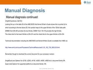 Sun Confidential: Internal Only 31
Manual Diagnosis
ChipKill Syndrome: 0xE1E2
Looking this up in the table 26 of the AMD BIOS And Kernel Writer's Guide shows this is symbol 0x1a
which according to the text above 26, this symbol maps to the upper 64-bits of the 128-bit data path.
DIMM0 from 00h-0fh provides the low 64-bits, DIMM1 from 10h-1fh provides the high 64-bits.
The check bits for the lower 64-bits is 20h-21h and the check bits for the upper 64-bits is 22h-23h
Technical documentation including the AMD BIOS and Kernel Writers Guide is available from AMD via:
http://www.amd.com/us-en/Processors/TechnicalResources/0,,30_182_739_9003,00.html
Remember though to download the correct document for your processor revision:
SingleDual core Opteron for x2100, x2200, x4100, x4200, x4500, x4600 etc is document family 0fh.
Quad code Opteron for supported platforms is document family 10h.
Manual diagnosis continued:
 