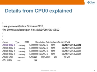 Sun Confidential: Internal Only 38
Details from CPU0 explained
●
•
Here you see 4 identical Dimms on CPU0.
•
The Dimm Manufacture part # is: 36VDDF25672G-40BD2
●
●
●
●
Name Type OEM Manufacture Date Hardware Revision Part #
●CPU 0 DIMM 0 memory 2cffffffffffffff 2005-04-16 0200 36VDDF25672G-40BD2
●
CPU 0 DIMM 1 memory 2cffffffffffffff 2005-04-16 0200 36VDDF25672G-40BD2
●CPU 0 DIMM 2 memory 2cffffffffffffff 2005-03-19 0200 36VDDF25672G-40BD2
●CPU 0 DIMM 3 memory 2cffffffffffffff 2005-03-19 0200 36VDDF25672G-40BD2
●DDR 0 VRM memvrm S-SCI448 2005-05-27 A01 S01479
•
CPU 0 VRM vrm NA
 