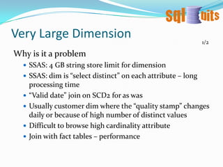 1 or 2 dimensions4/4e) One Dimension with Customer KeyFactTableFactTableTry to fix weakness of a: unable to build a fact table with grain = customer.Add a column in dim account: customer keyDimAccountNot as popular as c) and d) in solving Dim Customer issue. It is “indecisive” :trying to create Dim Customer but doesn’t want to create Dim Customer. Disadvantage: Dim Customer is hidden inside Dim Account, making it:a) more difficult to maintain (especially for a type 2), and b) less modular/flexible