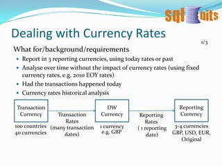 Transaction Level Dimension3/5Some fact tables have grains greater than the transactionA payment from a customer is posted into 4 accounts in the GL fact table. That single financial transaction becomes 4 fact rows but only has 1 row in the trans dim. Fact table with 10m rows, trans dim only 3 million rows.Related TransactionsSome transactions are related, e.g. in retail, a purchase of a kitchen might need to be created as 2 related orders, because the worktop is made-to-order. Rather than creating a ‘related order’ column on the fact tables, it might be better (depends on how it’s used) to create it on the trans dim because: a) an order can consist of many fact rows (1 row per item) so the “related order number” will be duplicated across these fact rowsb) slimmer fact tablec) the transaction could be on many fact tables, not only one.