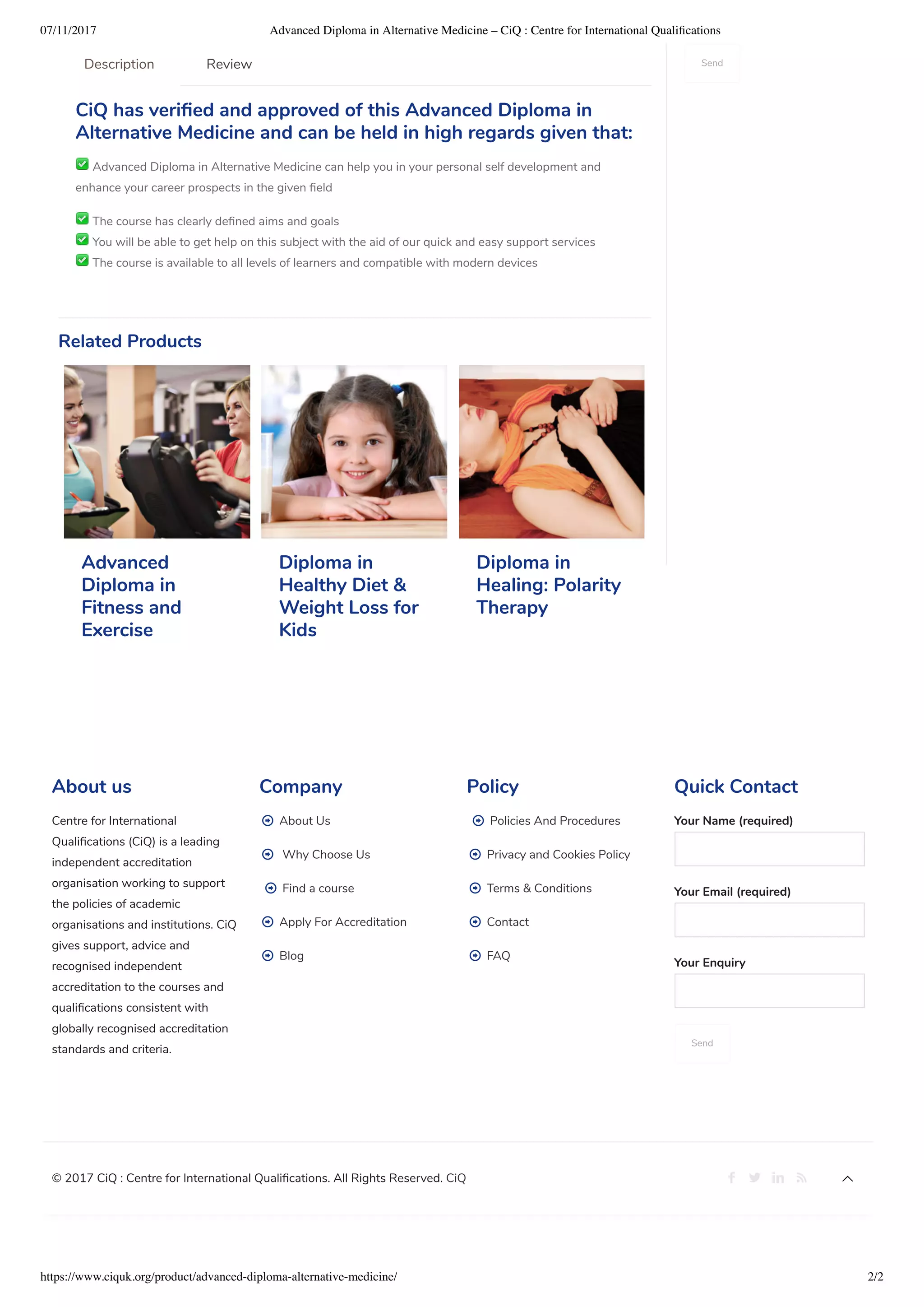 Advanced diploma in alternative medicine CIQ PDF