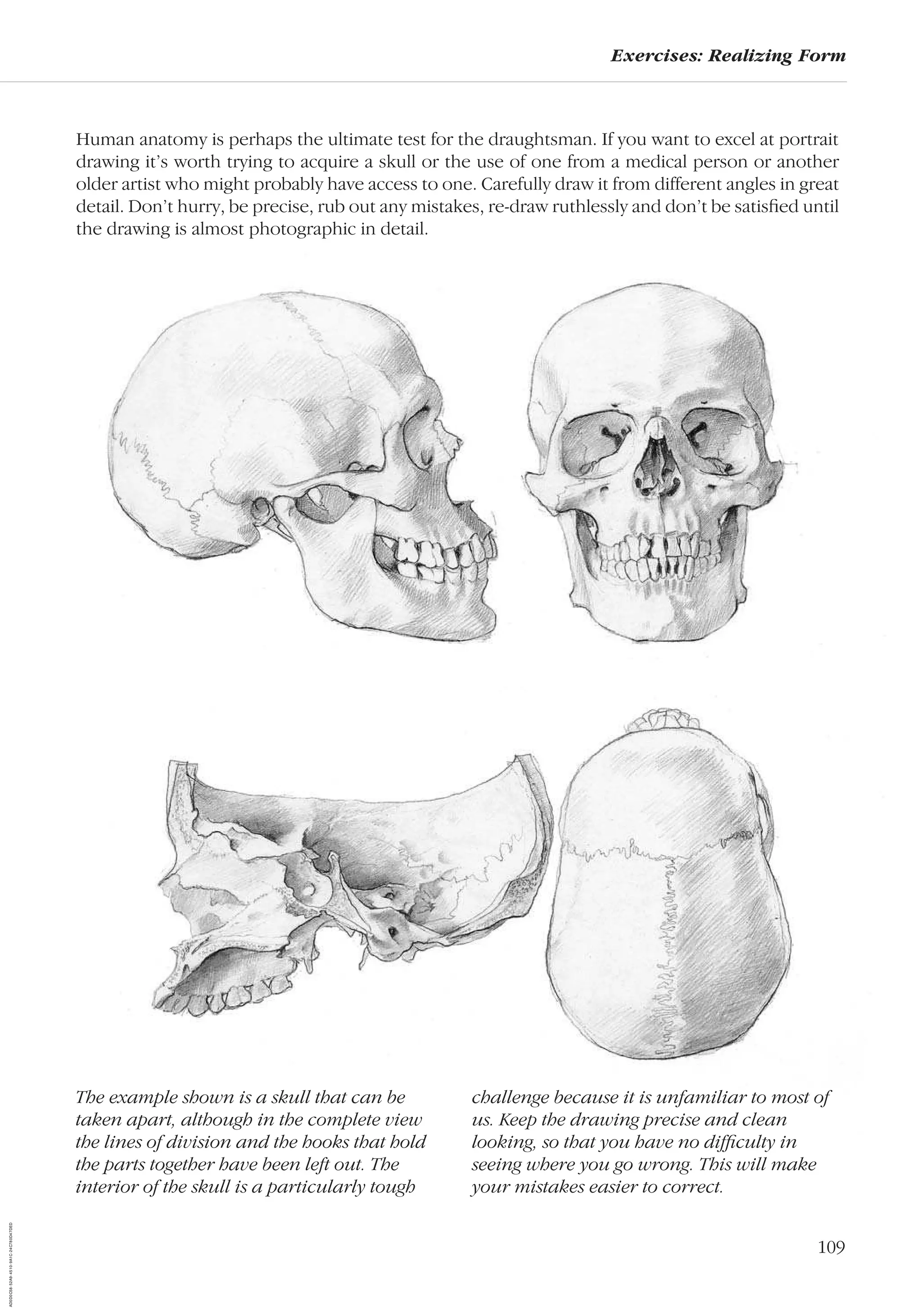 109
Exercises: Realizing Form
Human anatomy is perhaps the ultimate test for the draughtsman. If you want to excel at portrait
drawing it’s worth trying to acquire a skull or the use of one from a medical person or another
older artist who might probably have access to one. Carefully draw it from different angles in great
detail. Don’t hurry, be precise, rub out any mistakes, re-draw ruthlessly and don’t be satisﬁed until
the drawing is almost photographic in detail.
The example shown is a skull that can be
taken apart, although in the complete view
the lines of division and the hooks that hold
the parts together have been left out. The
interior of the skull is a particularly tough
challenge because it is unfamiliar to most of
us. Keep the drawing precise and clean
looking, so that you have no difﬁculty in
seeing where you go wrong. This will make
your mistakes easier to correct.
AD0D0C58-52A9-4510-9A1C-24C780D47DED
 