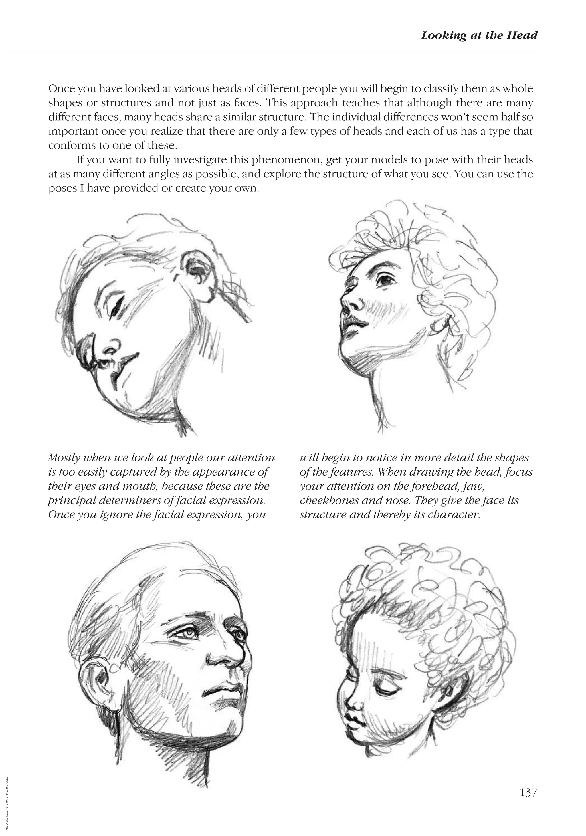 137
Looking at the Head
Once you have looked at various heads of different people you will begin to classify them as whole
shapes or structures and not just as faces. This approach teaches that although there are many
different faces, many heads share a similar structure. The individual differences won’t seem half so
important once you realize that there are only a few types of heads and each of us has a type that
conforms to one of these.
If you want to fully investigate this phenomenon, get your models to pose with their heads
at as many different angles as possible, and explore the structure of what you see. You can use the
poses I have provided or create your own.
Mostly when we look at people our attention
is too easily captured by the appearance of
their eyes and mouth, because these are the
principal determiners of facial expression.
Once you ignore the facial expression, you
will begin to notice in more detail the shapes
of the features. When drawing the head, focus
your attention on the forehead, jaw,
cheekbones and nose. They give the face its
structure and thereby its character.
AD0D0C58-52A9-4510-9A1C-24C780D47DED
 