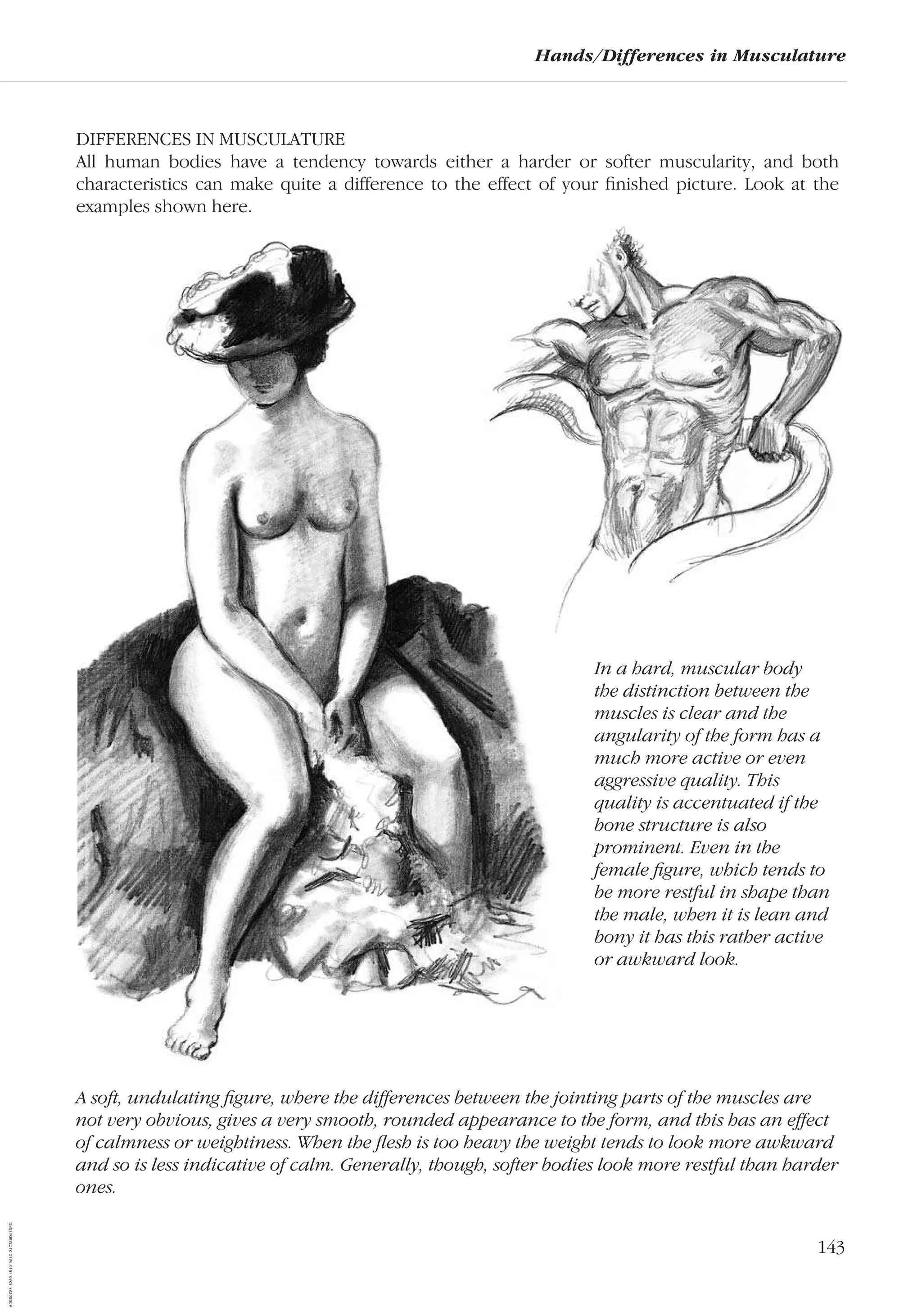 143
Hands/Differences in Musculature
DIFFERENCES IN MUSCULATURE
All human bodies have a tendency towards either a harder or softer muscularity, and both
characteristics can make quite a difference to the effect of your ﬁnished picture. Look at the
examples shown here.
A soft, undulating ﬁgure, where the differences between the jointing parts of the muscles are
not very obvious, gives a very smooth, rounded appearance to the form, and this has an effect
of calmness or weightiness. When the ﬂesh is too heavy the weight tends to look more awkward
and so is less indicative of calm. Generally, though, softer bodies look more restful than harder
ones.
In a hard, muscular body
the distinction between the
muscles is clear and the
angularity of the form has a
much more active or even
aggressive quality. This
quality is accentuated if the
bone structure is also
prominent. Even in the
female ﬁgure, which tends to
be more restful in shape than
the male, when it is lean and
bony it has this rather active
or awkward look.
AD0D0C58-52A9-4510-9A1C-24C780D47DED
 