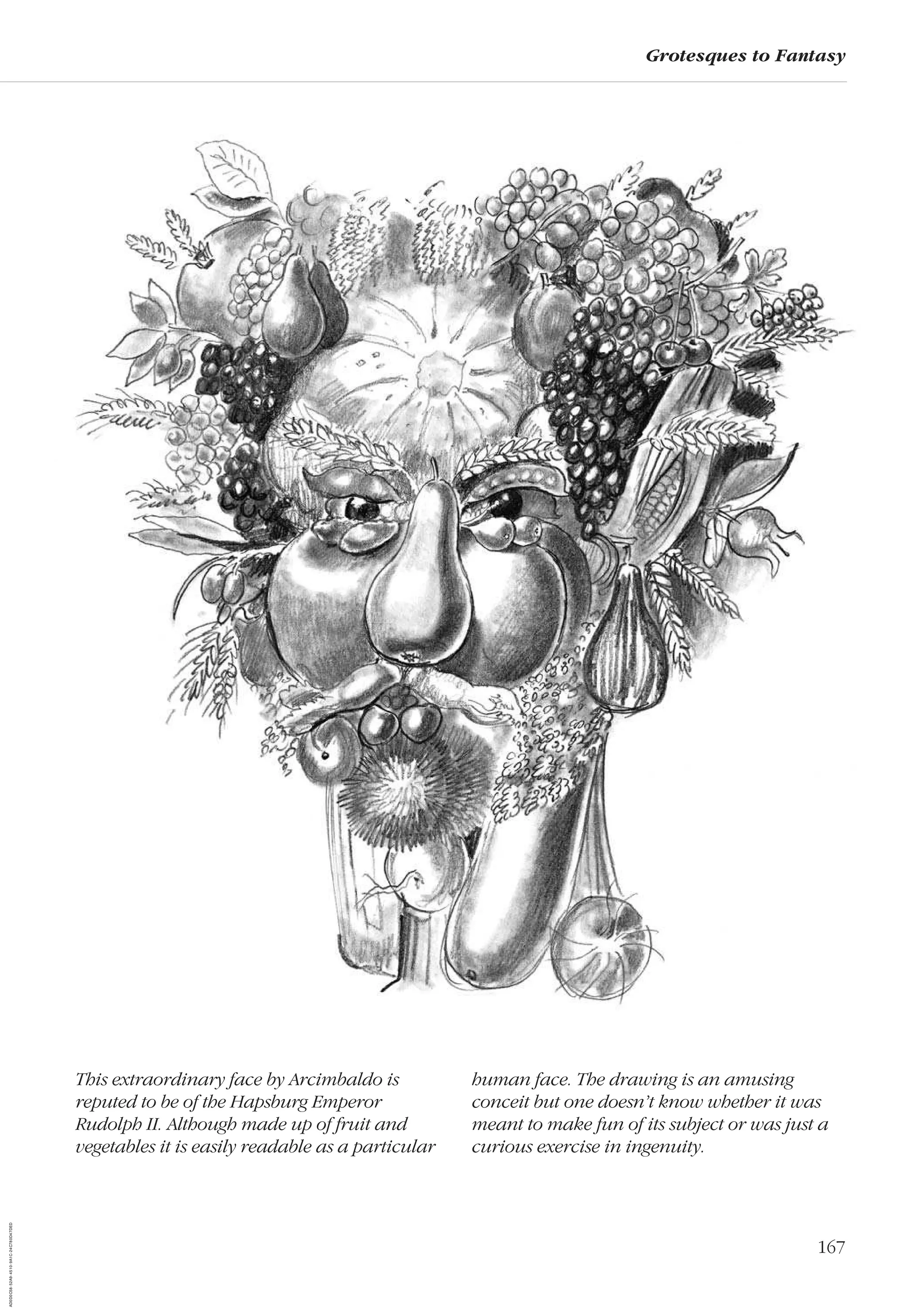 167
Grotesques to Fantasy
This extraordinary face by Arcimbaldo is
reputed to be of the Hapsburg Emperor
Rudolph II. Although made up of fruit and
vegetables it is easily readable as a particular
human face. The drawing is an amusing
conceit but one doesn’t know whether it was
meant to make fun of its subject or was just a
curious exercise in ingenuity.
AD0D0C58-52A9-4510-9A1C-24C780D47DED
 