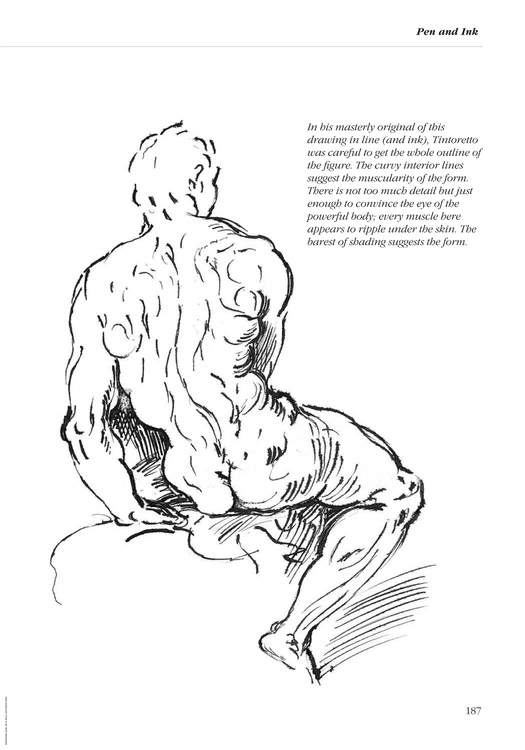 187
Pen and Ink
In his masterly original of this
drawing in line (and ink), Tintoretto
was careful to get the whole outline of
the ﬁgure. The curvy interior lines
suggest the muscularity of the form.
There is not too much detail but just
enough to convince the eye of the
powerful body; every muscle here
appears to ripple under the skin. The
barest of shading suggests the form.
AD0D0C58-52A9-4510-9A1C-24C780D47DED
 