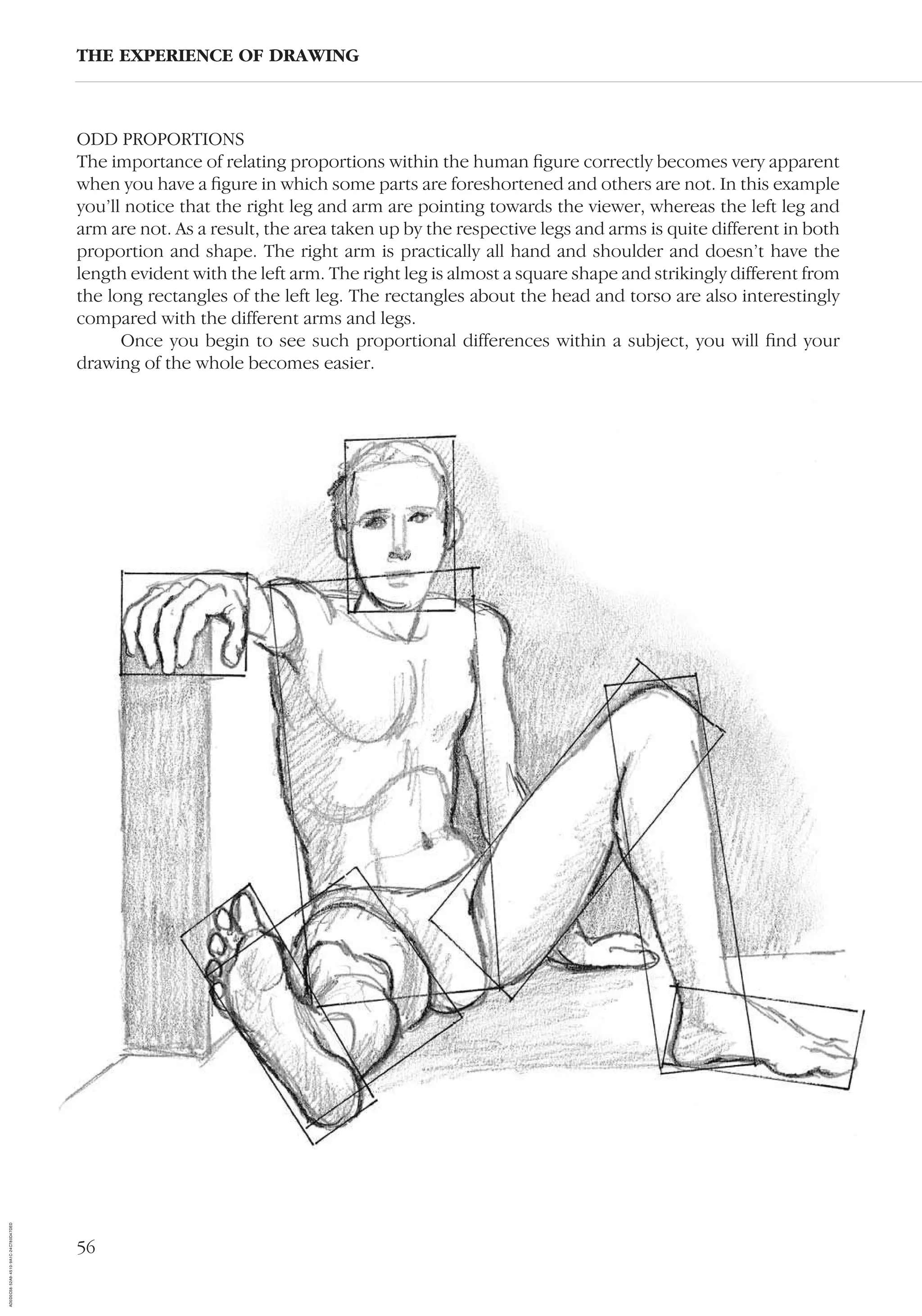 56
ODD PROPORTIONS
The importance of relating proportions within the human ﬁgure correctly becomes very apparent
when you have a ﬁgure in which some parts are foreshortened and others are not. In this example
you’ll notice that the right leg and arm are pointing towards the viewer, whereas the left leg and
arm are not. As a result, the area taken up by the respective legs and arms is quite different in both
proportion and shape. The right arm is practically all hand and shoulder and doesn’t have the
length evident with the left arm. The right leg is almost a square shape and strikingly different from
the long rectangles of the left leg. The rectangles about the head and torso are also interestingly
compared with the different arms and legs.
Once you begin to see such proportional differences within a subject, you will ﬁnd your
drawing of the whole becomes easier.
THE EXPERIENCE OF DRAWING
AD0D0C58-52A9-4510-9A1C-24C780D47DED
 