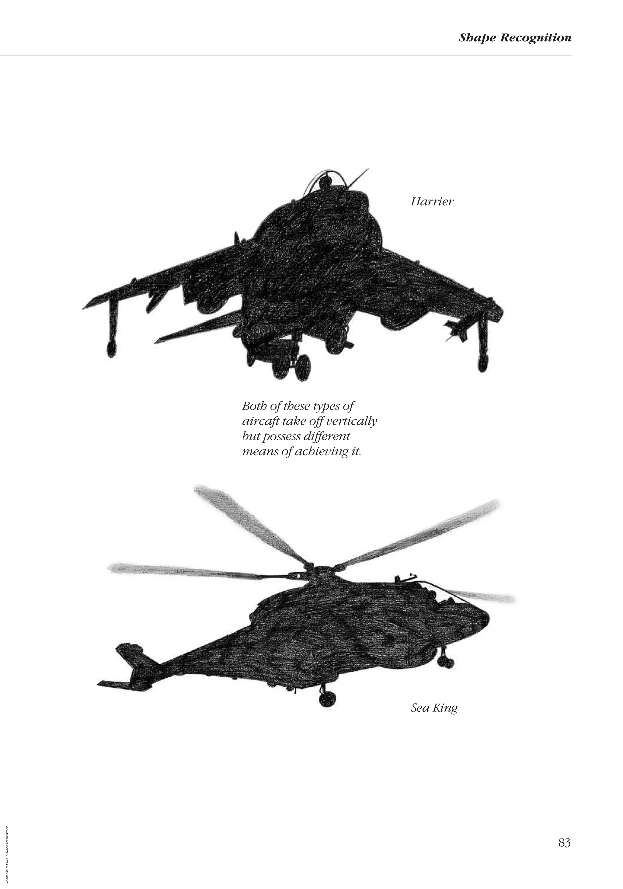 83
Shape Recognition
Harrier
Sea King
Both of these types of
aircaft take off vertically
but possess different
means of achieving it.
AD0D0C58-52A9-4510-9A1C-24C780D47DED
 