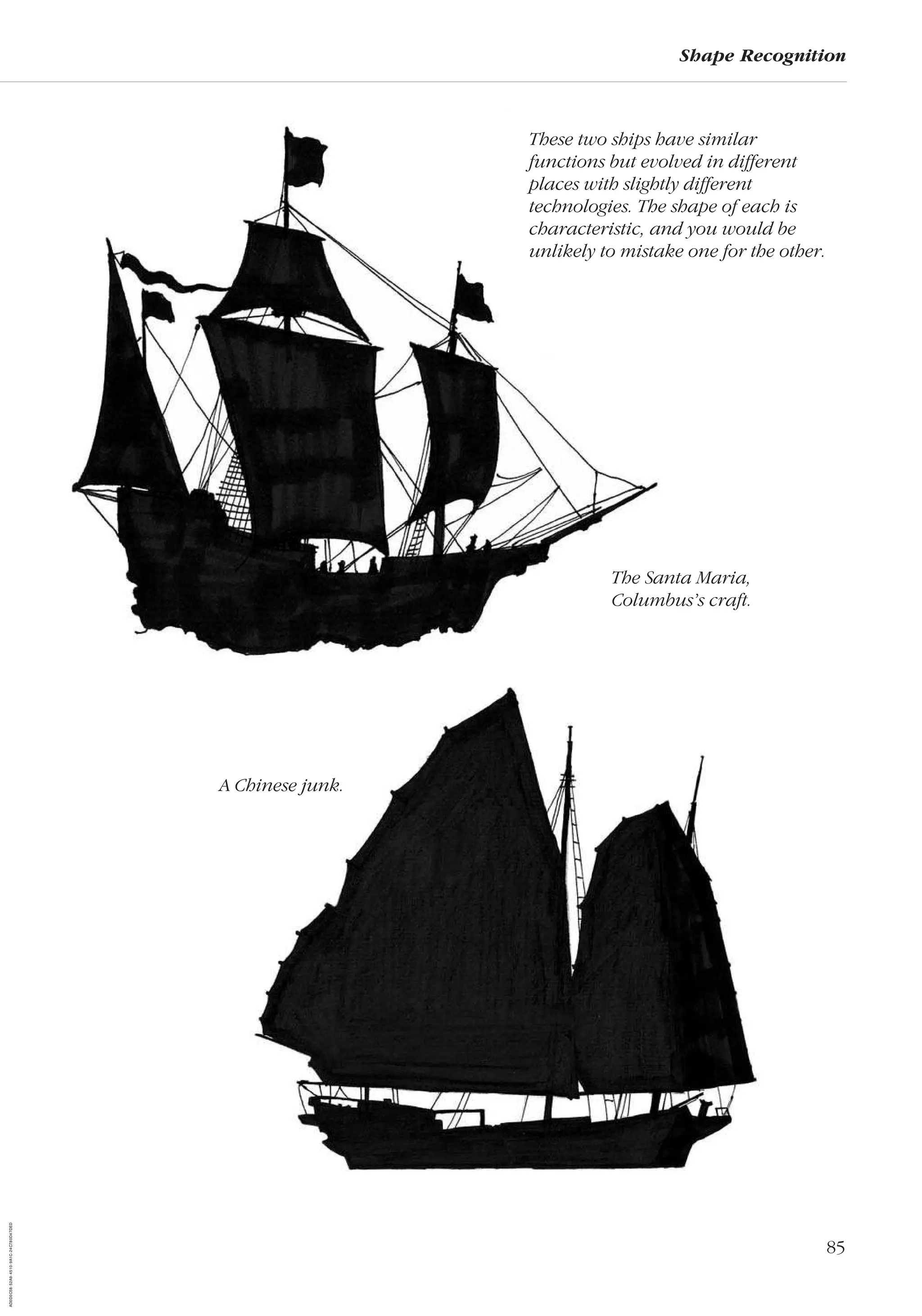 85
Shape Recognition
The Santa Maria,
Columbus’s craft.
A Chinese junk.
These two ships have similar
functions but evolved in different
places with slightly different
technologies. The shape of each is
characteristic, and you would be
unlikely to mistake one for the other.
AD0D0C58-52A9-4510-9A1C-24C780D47DED
 