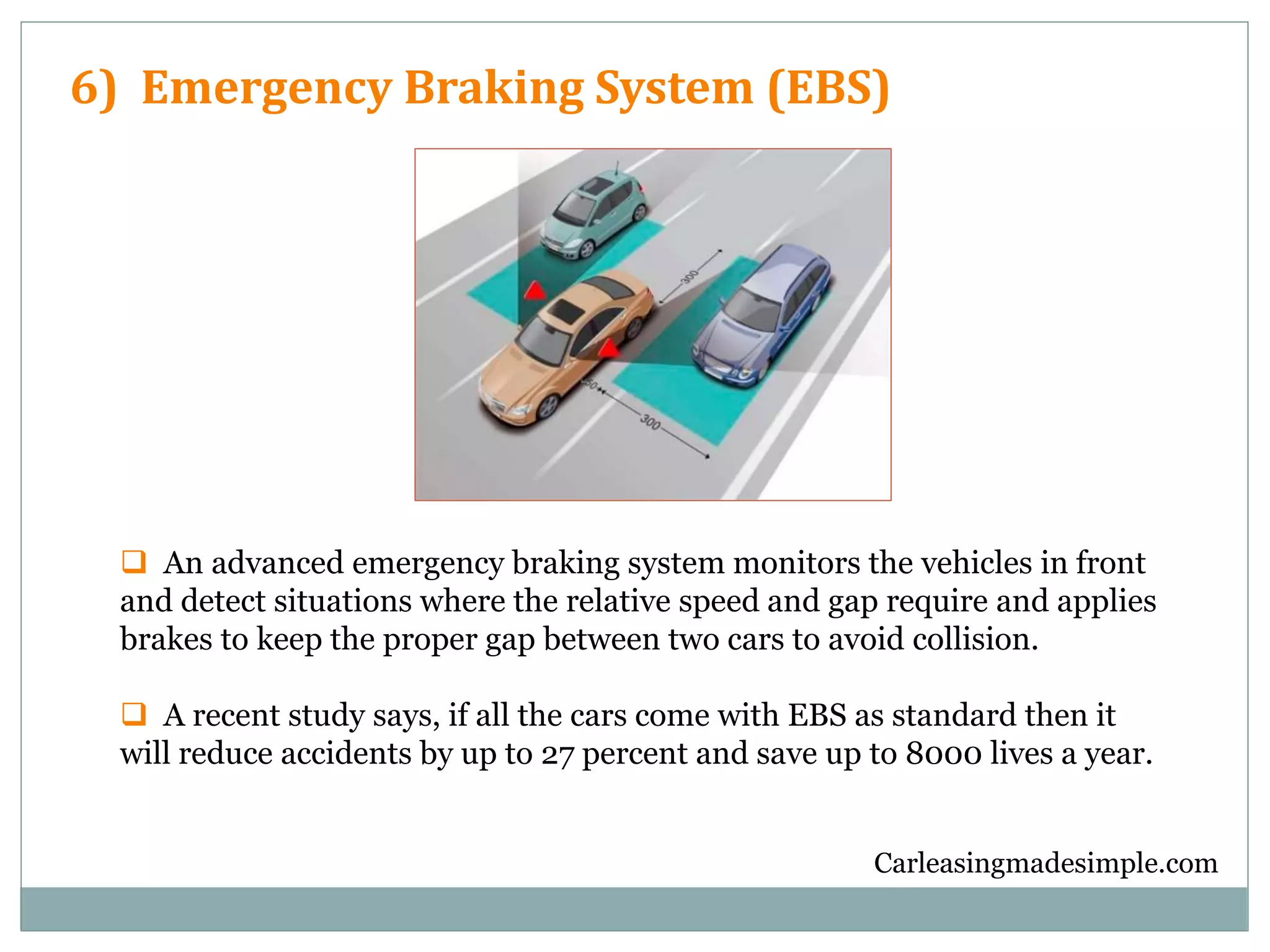 Carleasingmadesimple.com
6) Emergency Braking System (EBS)
 An advanced emergency braking system monitors the vehicles in front
and detect situations where the relative speed and gap require and applies
brakes to keep the proper gap between two cars to avoid collision.
 A recent study says, if all the cars come with EBS as standard then it
will reduce accidents by up to 27 percent and save up to 8000 lives a year.
 