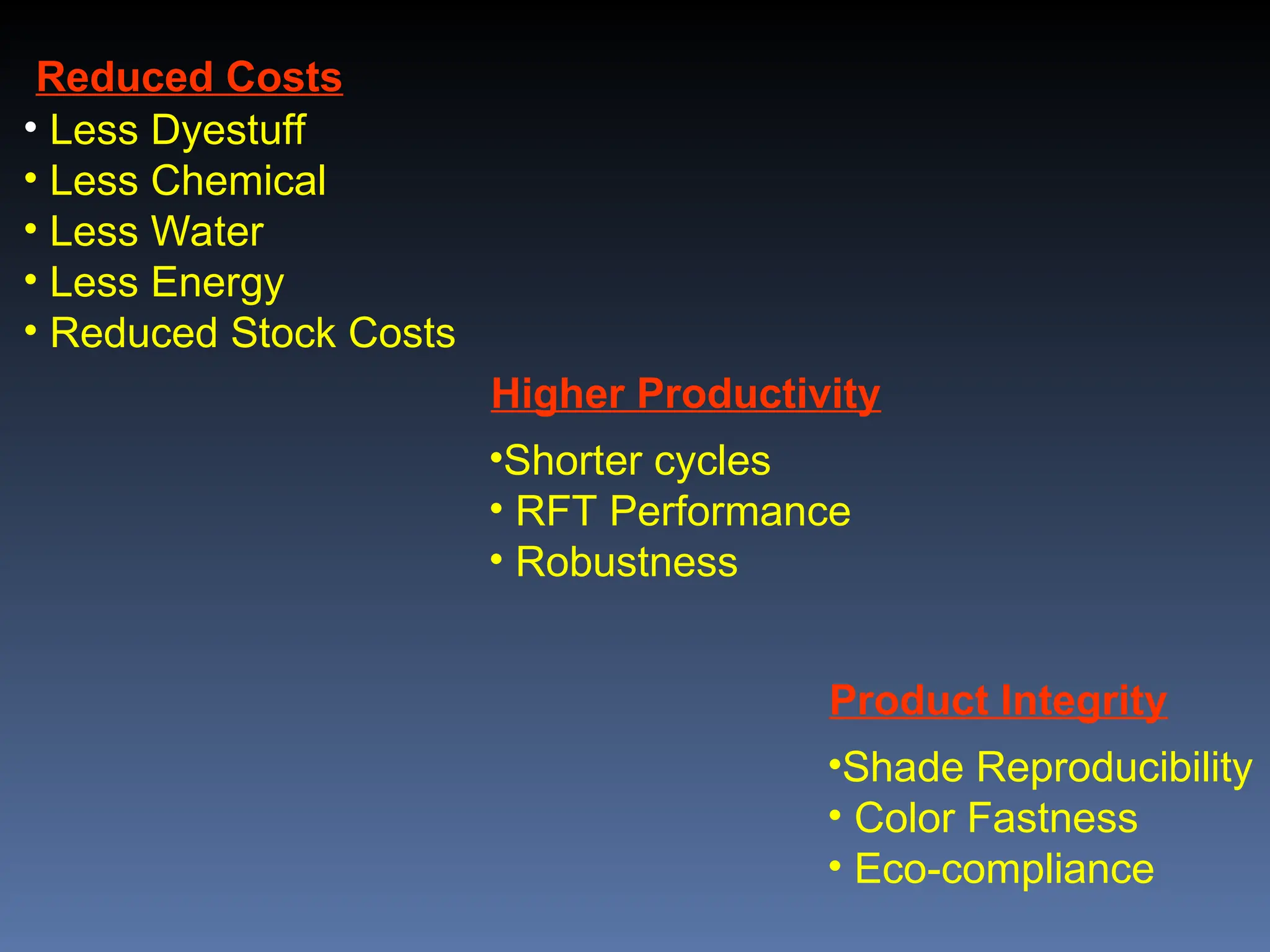 Reduced Costs
• Less Dyestuff
• Less Chemical
• Less Water
• Less Energy
• Reduced Stock Costs
Higher Productivity
•Shorter cycles
• RFT Performance
• Robustness
Product Integrity
•Shade Reproducibility
• Color Fastness
• Eco-compliance
 