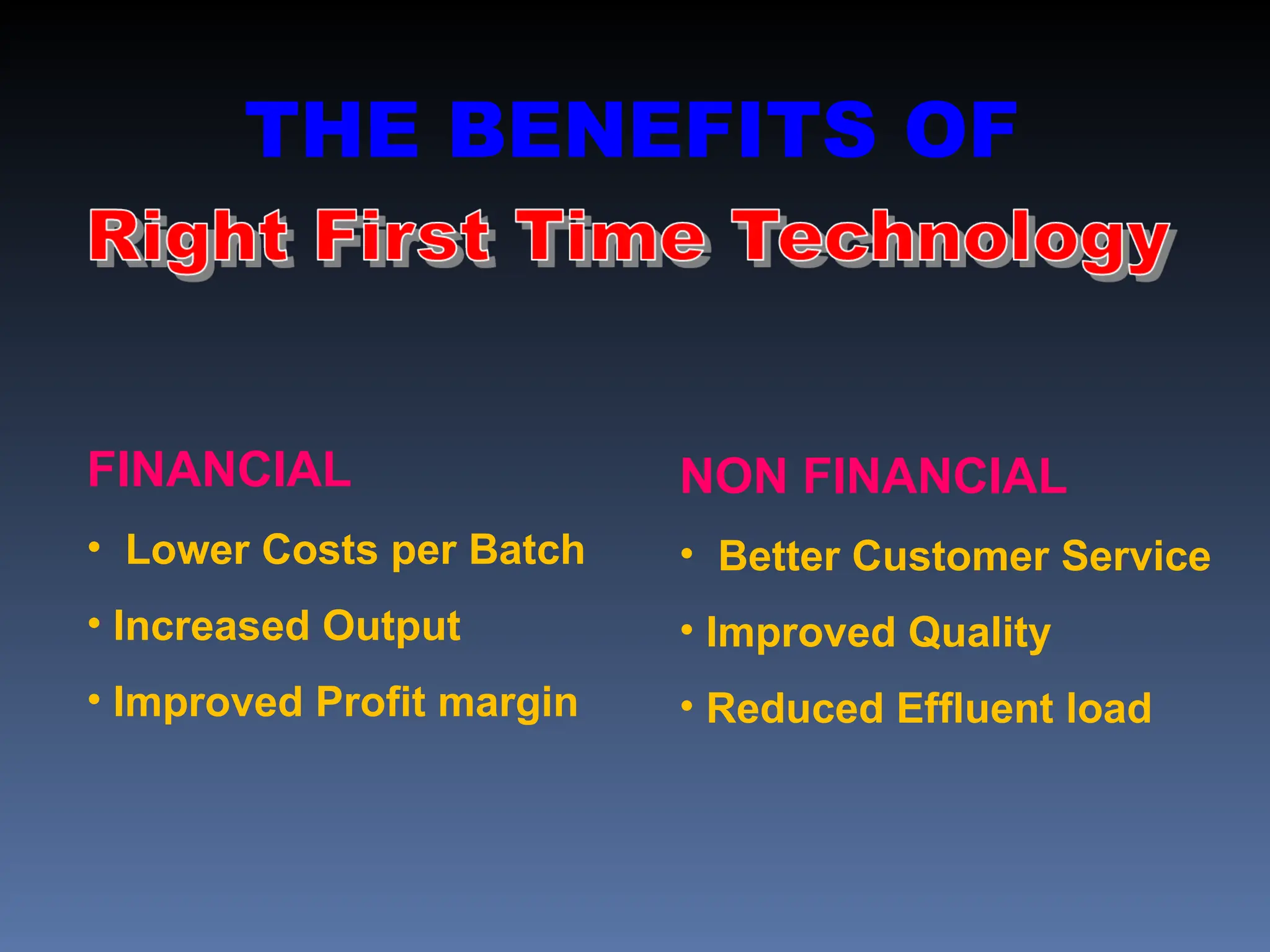 THE BENEFITS OF
FINANCIAL
• Lower Costs per Batch
• Increased Output
• Improved Profit margin
NON FINANCIAL
• Better Customer Service
• Improved Quality
• Reduced Effluent load
 