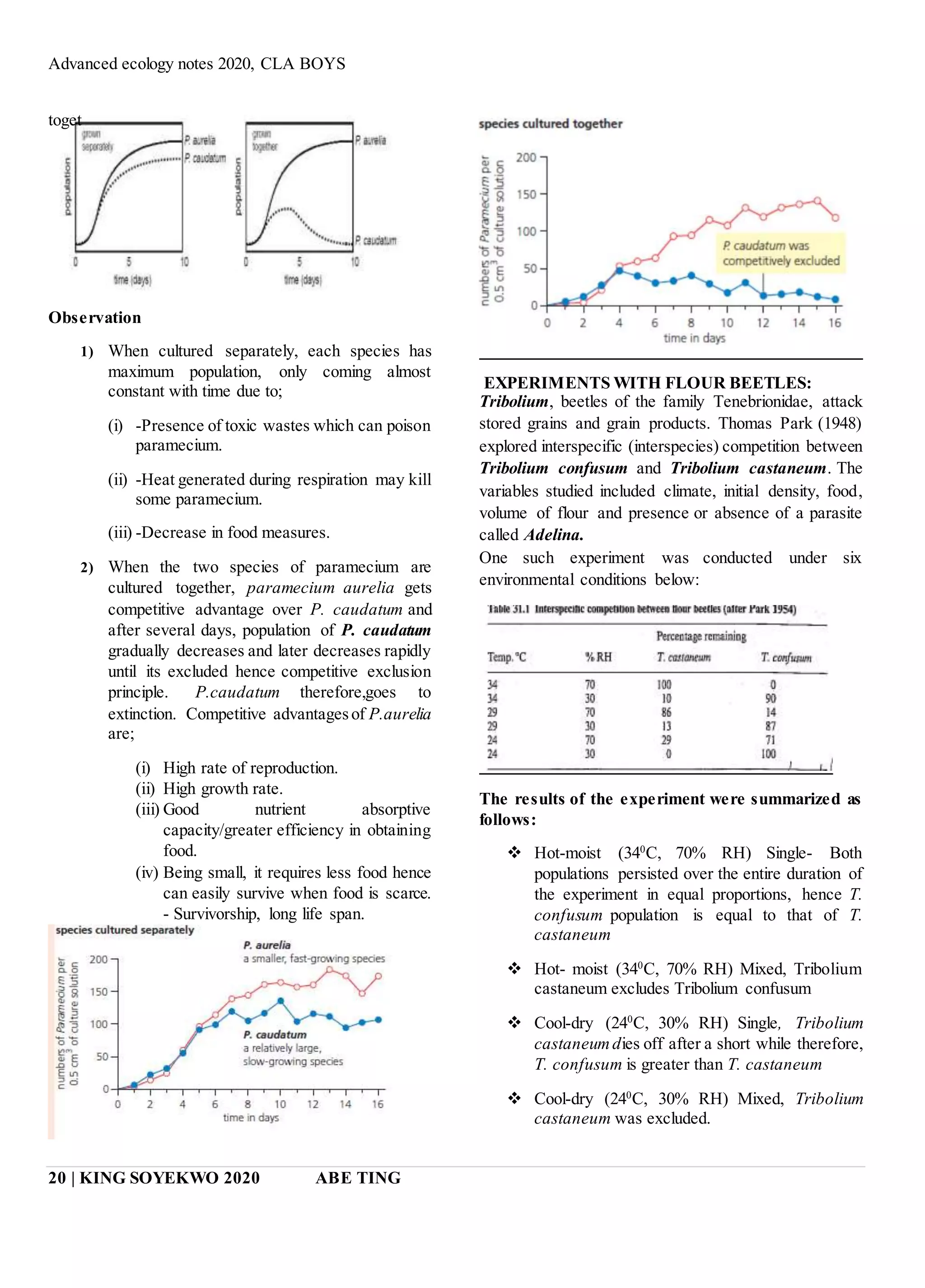Advanced ecology notes 2020, CLA BOYS
20 | KING SOYEKWO 2020 ABE TING
Observation
1) When cultured separately, each species has
maximum population, only coming almost
constant with time due to;
(i) -Presence of toxic wastes which can poison
paramecium.
(ii) -Heat generated during respiration may kill
some paramecium.
(iii) -Decrease in food measures.
2) When the two species of paramecium are
cultured together, paramecium aurelia gets
competitive advantage over P. caudatum and
after several days, population of P. caudatum
gradually decreases and later decreases rapidly
until its excluded hence competitive exclusion
principle. P.caudatum therefore,goes to
extinction. Competitive advantagesof P.aurelia
are;
(i) High rate of reproduction.
(ii) High growth rate.
(iii) Good nutrient absorptive
capacity/greater efficiency in obtaining
food.
(iv) Being small, it requires less food hence
can easily survive when food is scarce.
- Survivorship, long life span.
EXPERIMENTS WITH FLOUR BEETLES:
Tribolium, beetles of the family Tenebrionidae, attack
stored grains and grain products. Thomas Park (1948)
explored interspecific (interspecies) competition between
Tribolium confusum and Tribolium castaneum. The
variables studied included climate, initial density, food,
volume of flour and presence or absence of a parasite
called Adelina.
One such experiment was conducted under six
environmental conditions below:
The results of the experiment were summarized as
follows:
 Hot-moist (340
C, 70% RH) Single- Both
populations persisted over the entire duration of
the experiment in equal proportions, hence T.
confusum population is equal to that of T.
castaneum
 Hot- moist (340
C, 70% RH) Mixed, Tribolium
castaneum excludes Tribolium confusum
 Cool-dry (240
C, 30% RH) Single, Tribolium
castaneumdies off after a short while therefore,
T. confusum is greater than T. castaneum
 Cool-dry (240
C, 30% RH) Mixed, Tribolium
castaneum was excluded.
toget
her
.
 