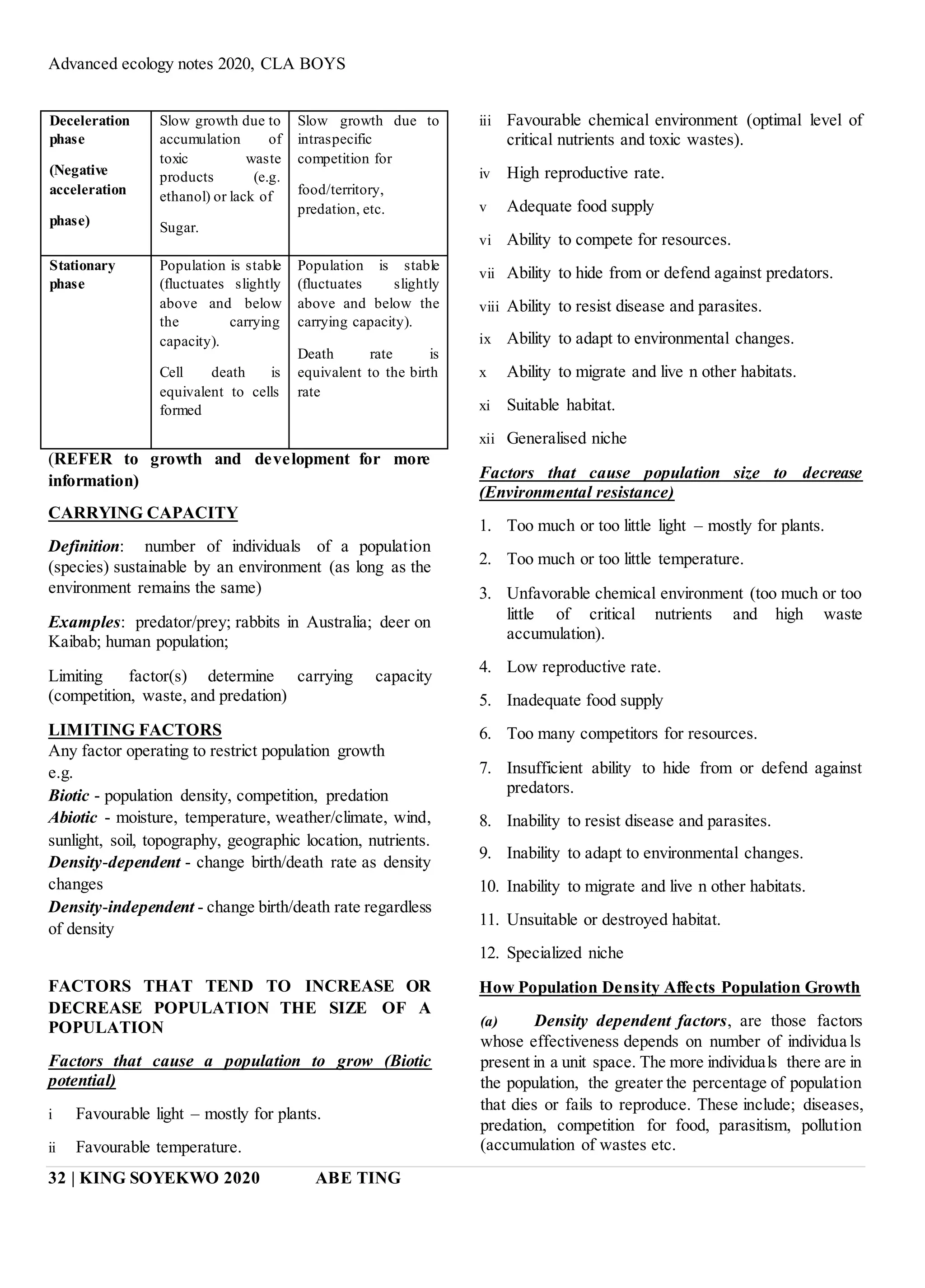 Advanced ecology notes 2020, CLA BOYS
32 | KING SOYEKWO 2020 ABE TING
Deceleration
phase
(Negative
acceleration
phase)
Slow growth due to
accumulation of
toxic waste
products (e.g.
ethanol) or lack of
Sugar.
Slow growth due to
intraspecific
competition for
food/territory,
predation, etc.
Stationary
phase
Population is stable
(fluctuates slightly
above and below
the carrying
capacity).
Cell death is
equivalent to cells
formed
Population is stable
(fluctuates slightly
above and below the
carrying capacity).
Death rate is
equivalent to the birth
rate
(REFER to growth and development for more
information)
CARRYING CAPACITY
Definition: number of individuals of a population
(species) sustainable by an environment (as long as the
environment remains the same)
Examples: predator/prey; rabbits in Australia; deer on
Kaibab; human population;
Limiting factor(s) determine carrying capacity
(competition, waste, and predation)
LIMITING FACTORS
Any factor operating to restrict population growth
e.g.
Biotic - population density, competition, predation
Abiotic - moisture, temperature, weather/climate, wind,
sunlight, soil, topography, geographic location, nutrients.
Density-dependent - change birth/death rate as density
changes
Density-independent - change birth/death rate regardless
of density
FACTORS THAT TEND TO INCREASE OR
DECREASE POPULATION THE SIZE OF A
POPULATION
Factors that cause a population to grow (Biotic
potential)
i Favourable light – mostly for plants.
ii Favourable temperature.
iii Favourable chemical environment (optimal level of
critical nutrients and toxic wastes).
iv High reproductive rate.
v Adequate food supply
vi Ability to compete for resources.
vii Ability to hide from or defend against predators.
viii Ability to resist disease and parasites.
ix Ability to adapt to environmental changes.
x Ability to migrate and live n other habitats.
xi Suitable habitat.
xii Generalised niche
Factors that cause population size to decrease
(Environmental resistance)
1. Too much or too little light – mostly for plants.
2. Too much or too little temperature.
3. Unfavorable chemical environment (too much or too
little of critical nutrients and high waste
accumulation).
4. Low reproductive rate.
5. Inadequate food supply
6. Too many competitors for resources.
7. Insufficient ability to hide from or defend against
predators.
8. Inability to resist disease and parasites.
9. Inability to adapt to environmental changes.
10. Inability to migrate and live n other habitats.
11. Unsuitable or destroyed habitat.
12. Specialized niche
How Population Density Affects Population Growth
(a) Density dependent factors, are those factors
whose effectiveness depends on number of individua ls
present in a unit space. The more individuals there are in
the population, the greater the percentage of population
that dies or fails to reproduce. These include; diseases,
predation, competition for food, parasitism, pollution
(accumulation of wastes etc.
 